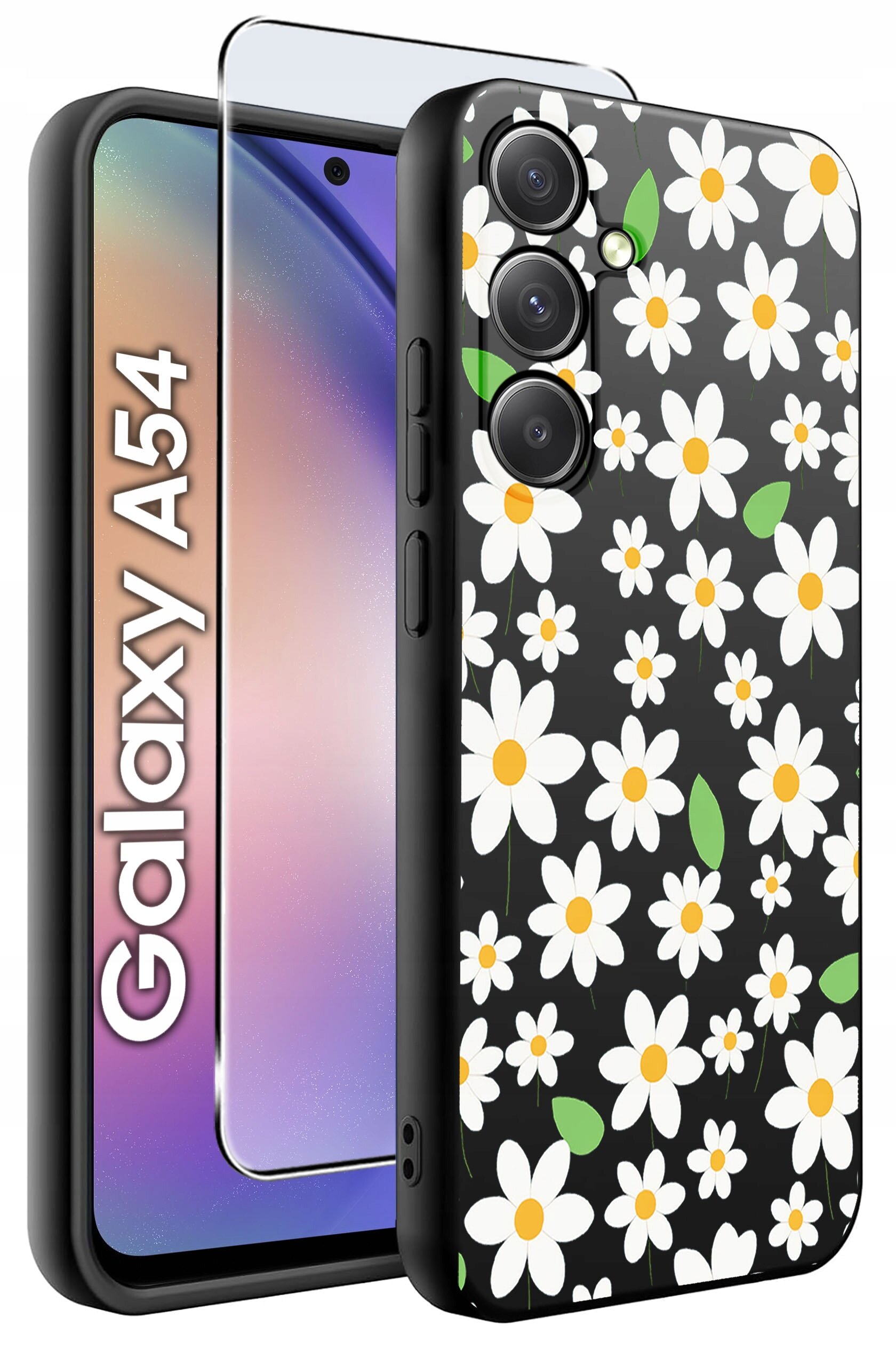 Obraz przedstawia etui na telefon z wzorem białych kwiatów na czarnym tle oraz szkło ochronne. Obok widoczny jest telefon z napisem \'Galaxy A54\'.