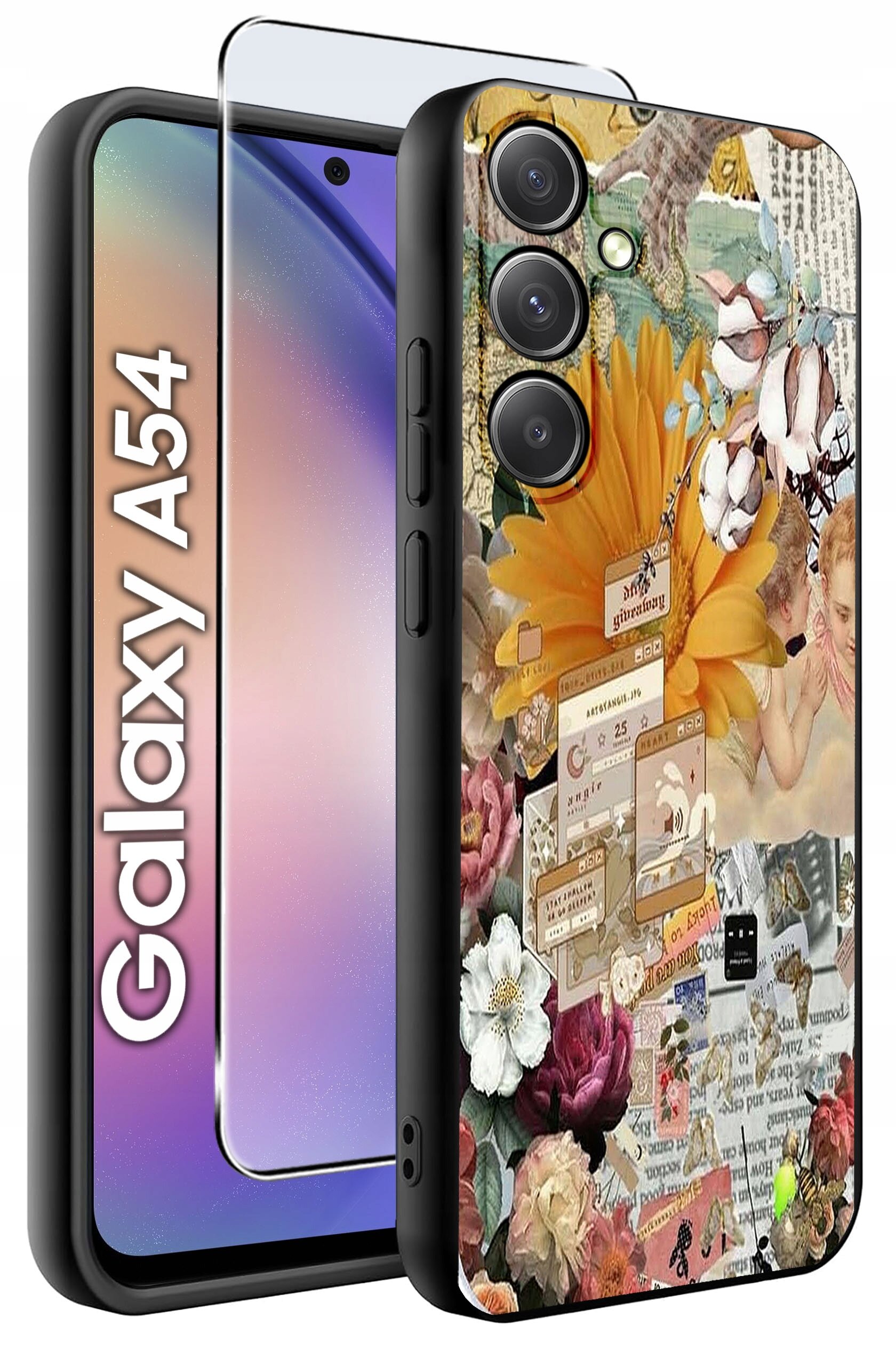 Obraz przedstawia etui na telefon Samsung A54 5G z kolorowym, kwiatowym wzorem oraz szkło ochronne. Na ekranie telefonu widoczny jest napis \'Galaxy A54\'.