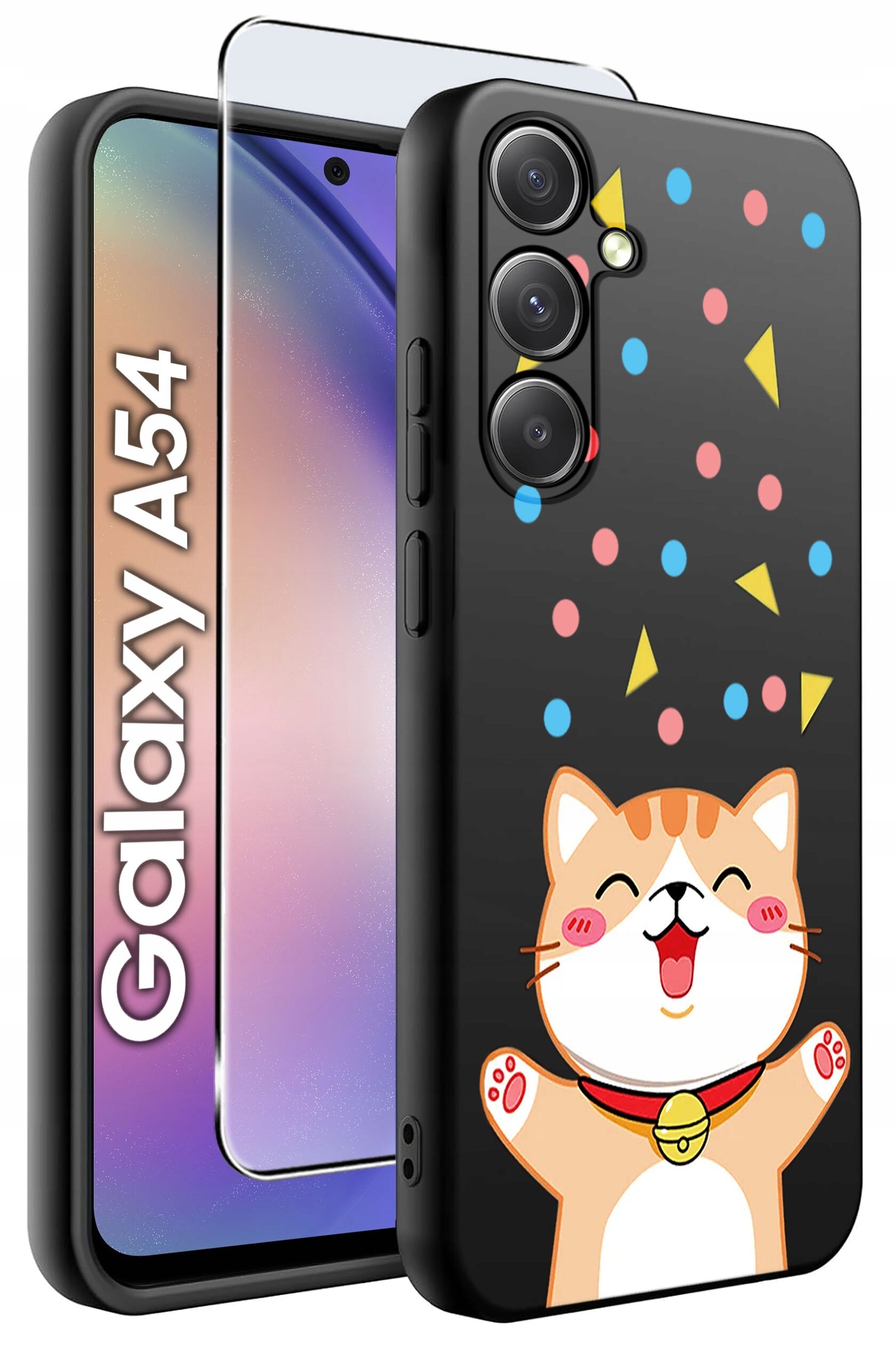 Obraz przedstawia etui na telefon z kolorowym wzorem kota oraz szkło ochronne. Na ekranie telefonu widoczny jest napis \'Galaxy A54\'.