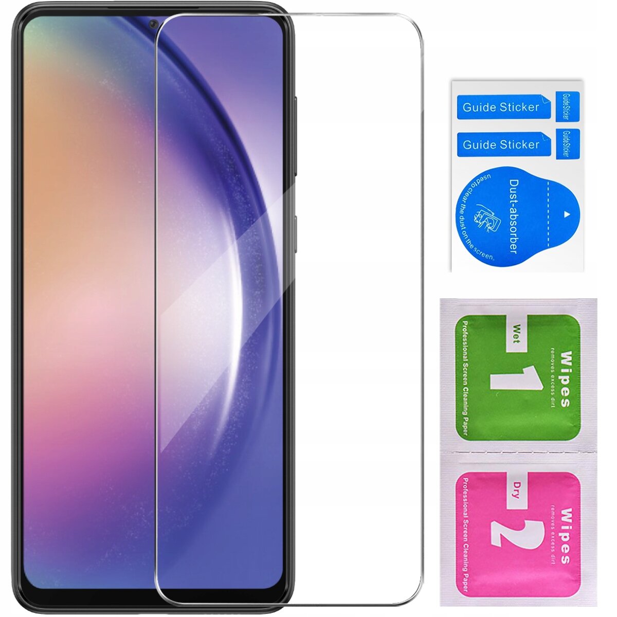 Na obrazie widoczny jest telefon z nałożonym szkłem ochronnym oraz zestaw akcesoriów do montażu, w tym naklejki \'Guide Sticker\' i \'Dust-absorber\', a także chusteczki \'Wet 1\' i \'Dry 2\'.