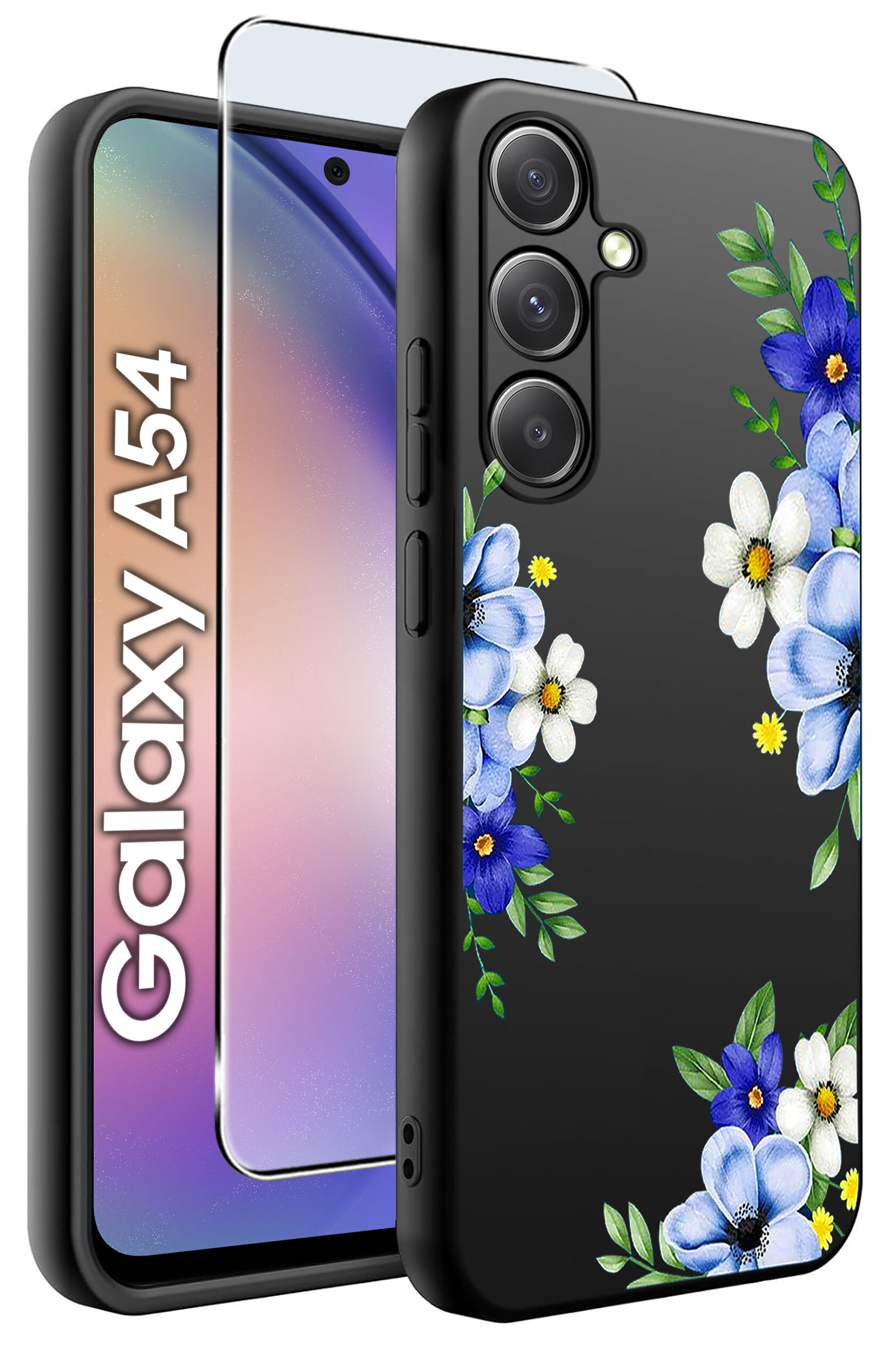 Obraz przedstawia czarne etui na telefon z kolorowym wzorem kwiatów oraz szkło ochronne. Na ekranie telefonu widoczny jest napis \'Galaxy A54\'.