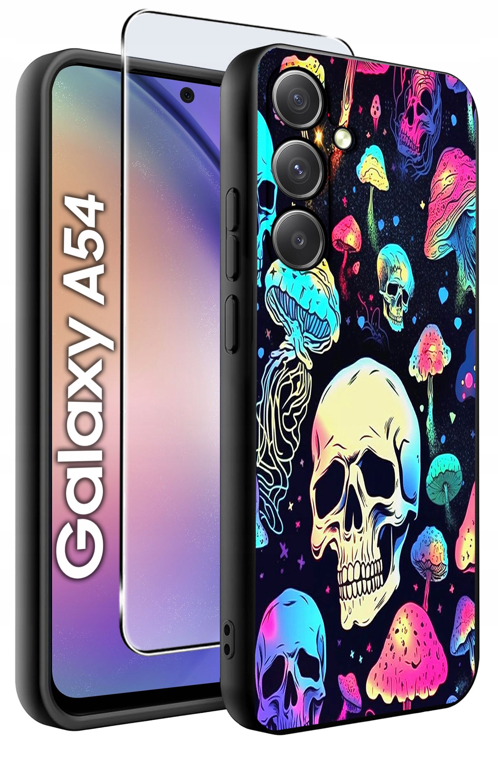 Etui na telefon z kolorowym wzorem czaszek i grzybów, obok którego znajduje się szkło ochronne. Widoczny napis: \'Galaxy A54\'.