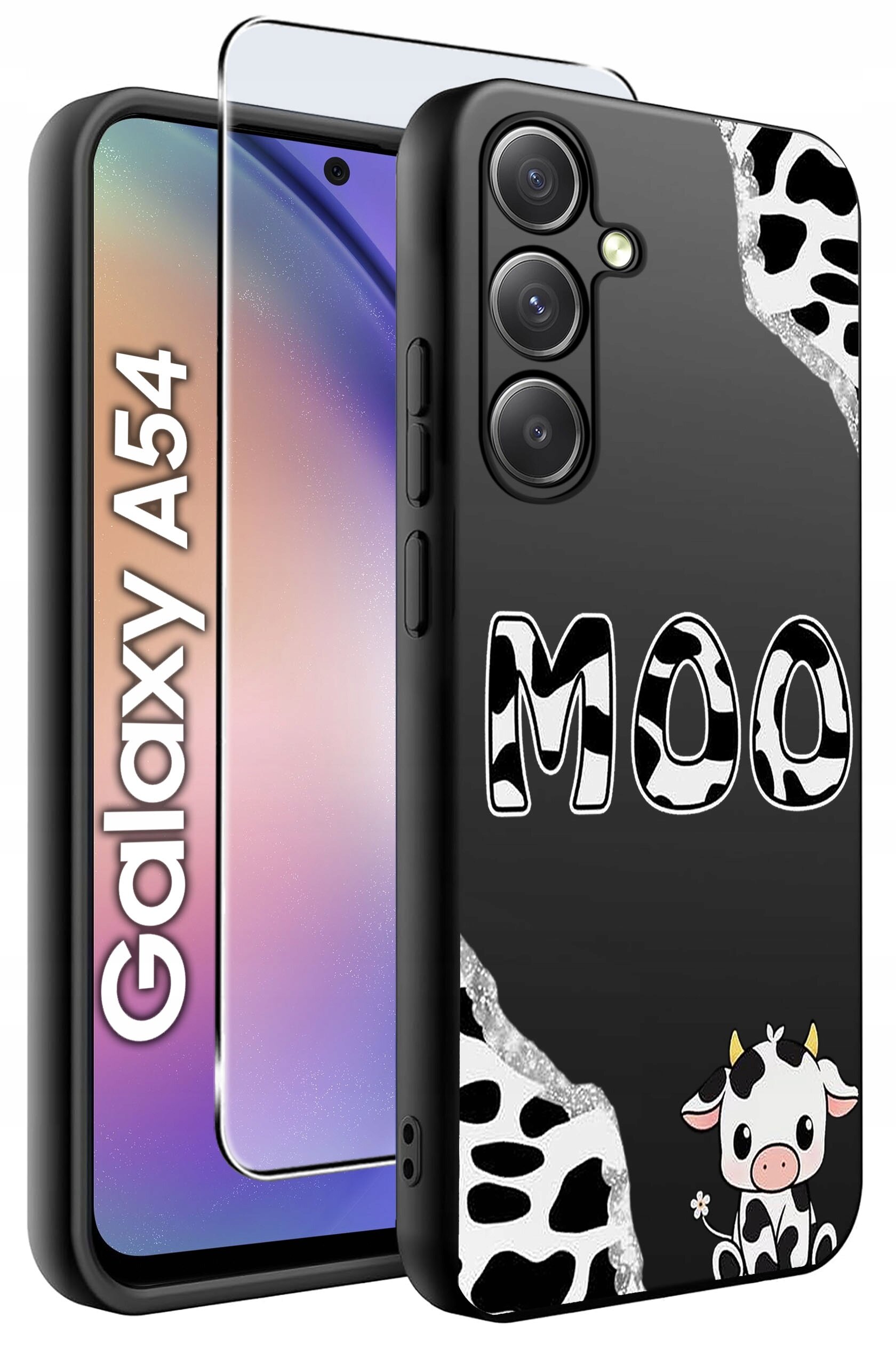 Obraz przedstawia etui na telefon z napisem \'MOO\' i wzorem przypominającym krowie łaty. Obok etui znajduje się szkło ochronne, a na ekranie telefonu widoczny jest napis \'Galaxy A54\'.