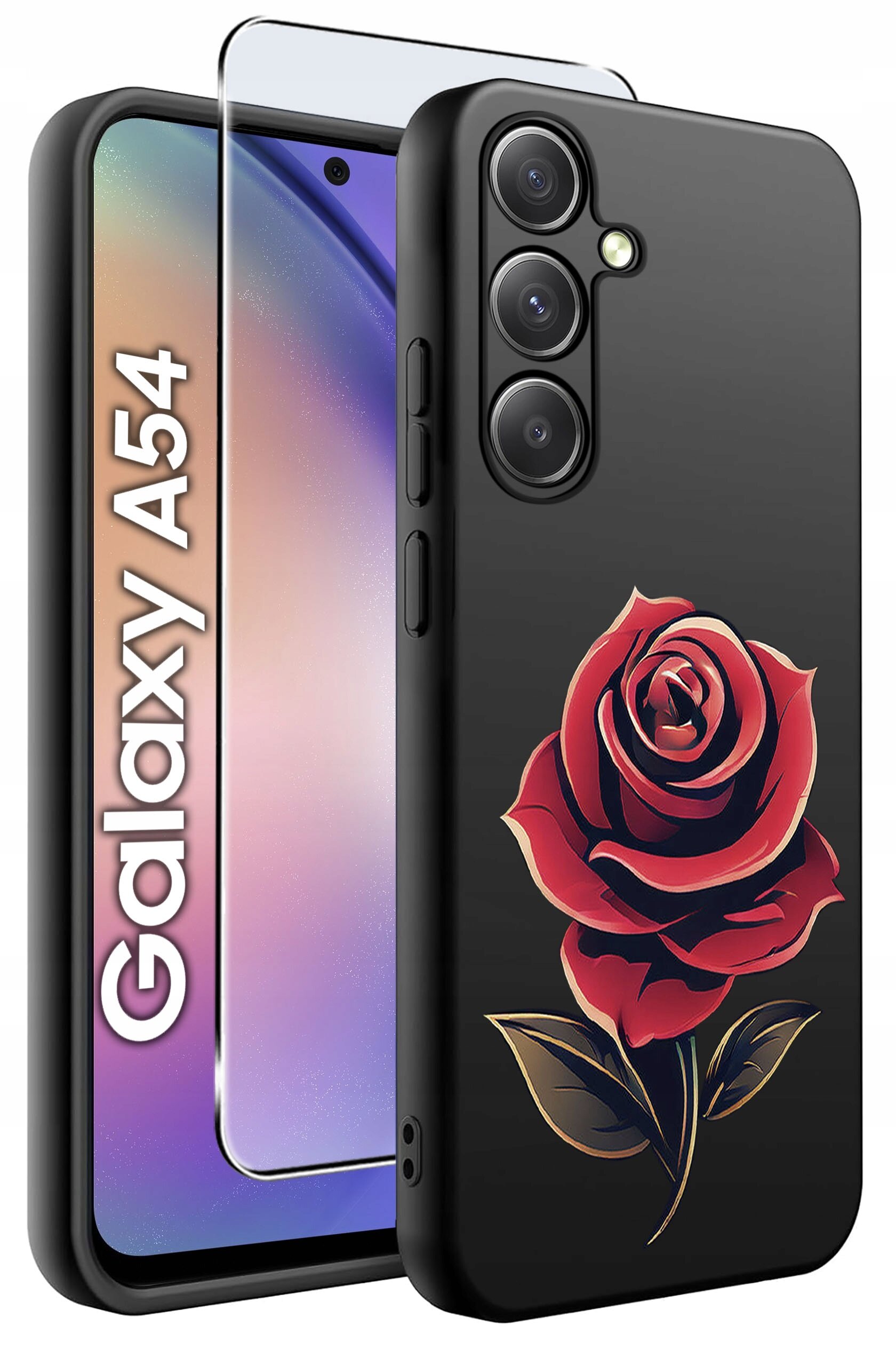 Czarne silikonowe etui z wzorem czerwonej róży, obok którego znajduje się szkło ochronne. Na ekranie telefonu widoczny jest napis \'Galaxy A54\'.