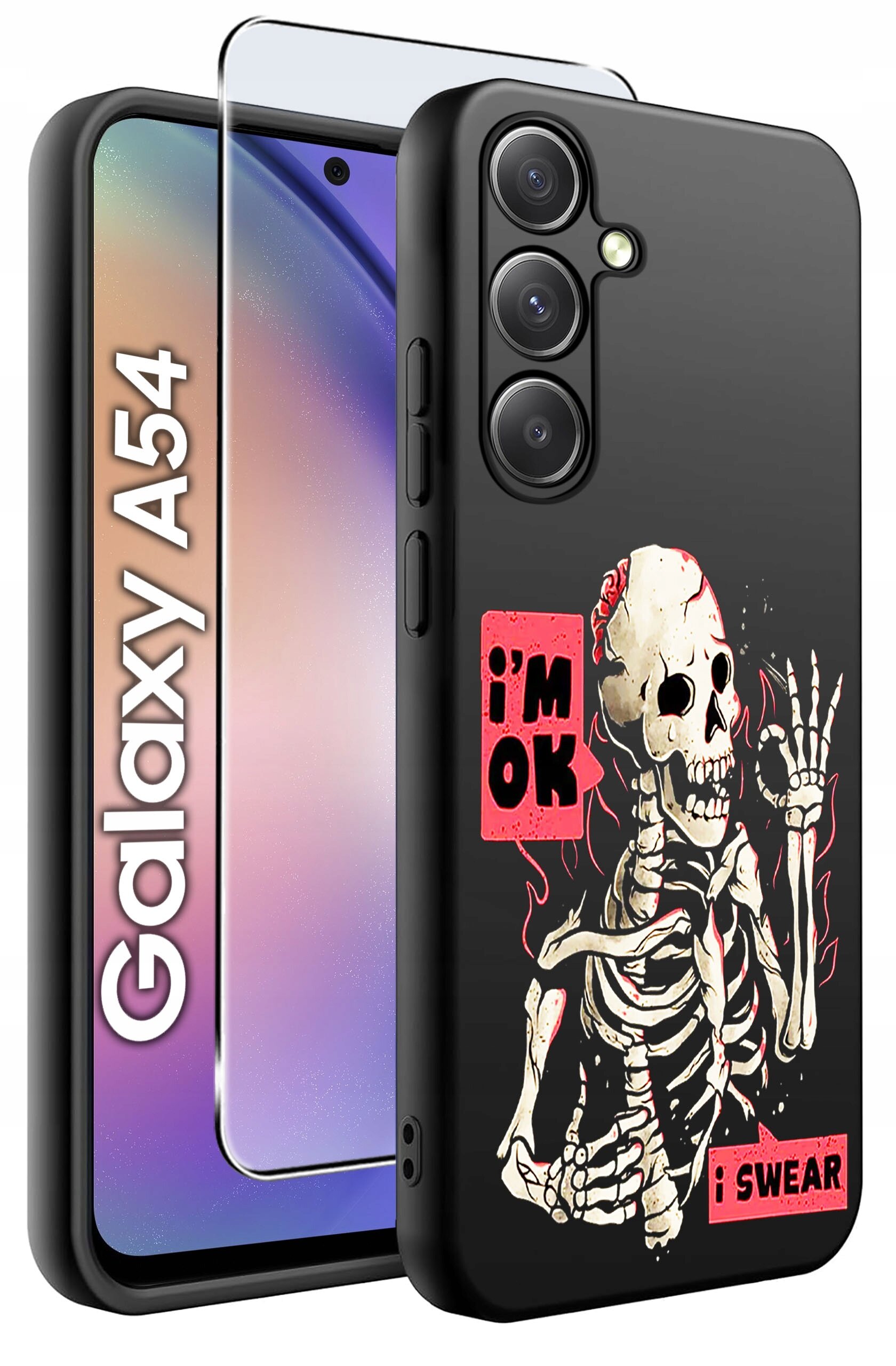 Obraz przedstawia czarne etui na telefon z nadrukiem szkieletu i napisami \'i\'m OK\' oraz \'i SWEAR\'. Obok etui znajduje się szkło ochronne, a na ekranie telefonu widoczny jest napis \'Galaxy A54\'.