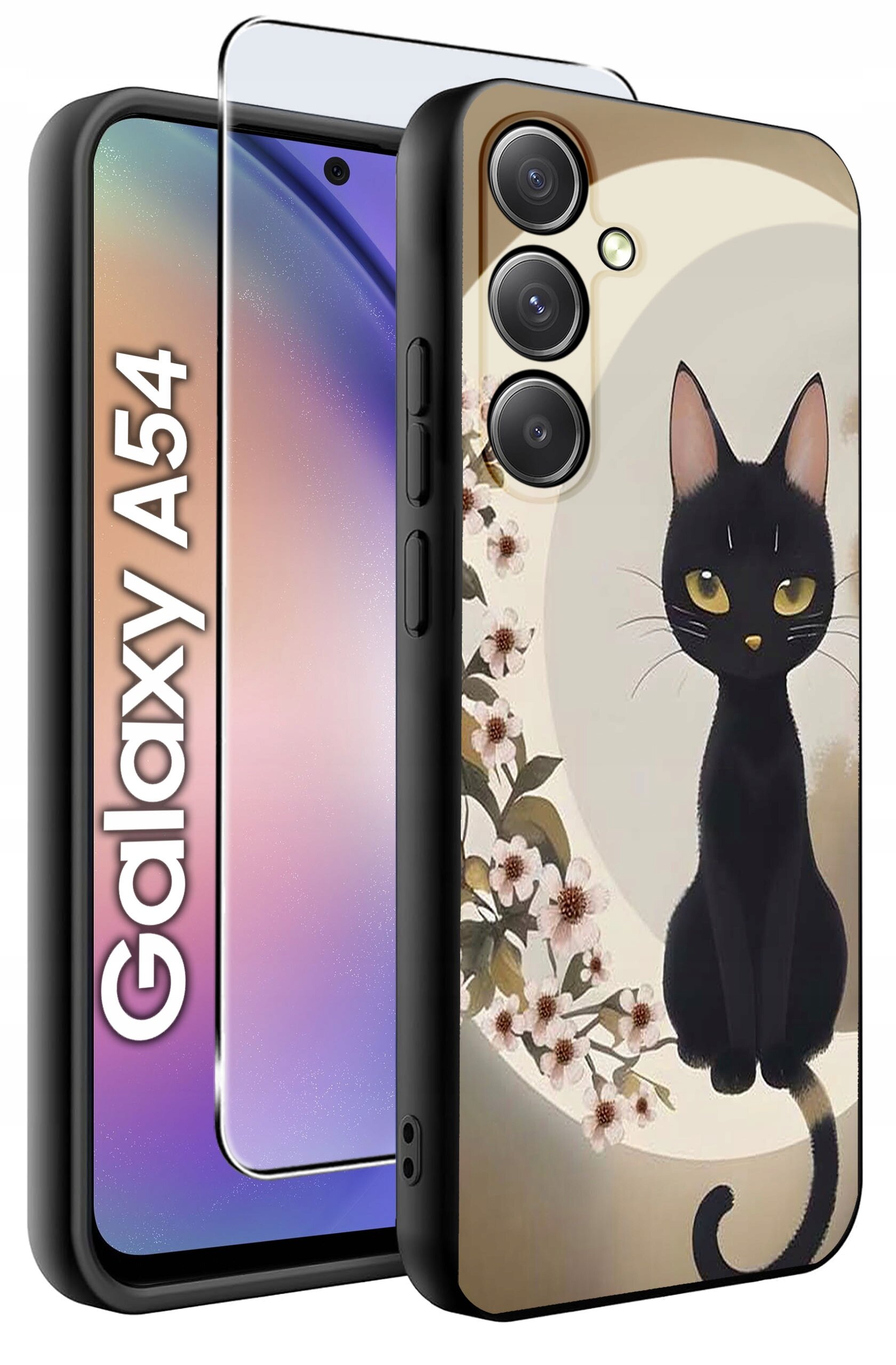 Etui na telefon z grafiką czarnego kota na tle kwiatów, obok widoczna jest szybka ochronna. Na etui napis \'Galaxy A54\'.