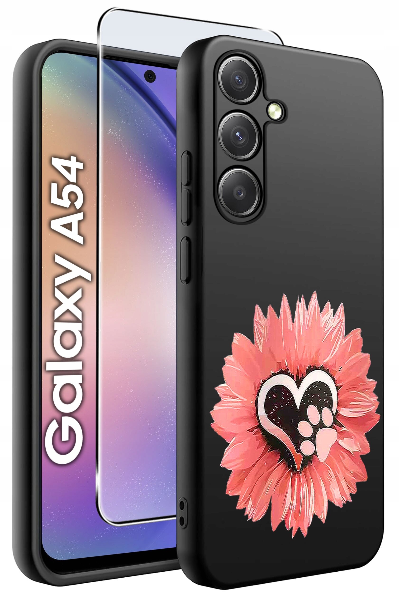 Czarne etui z różowym kwiatem i sercem z odciskiem łapy na tylnej części, obok przezroczyste szkło ochronne. Na ekranie telefonu widoczny jest napis \'Galaxy A54\'.