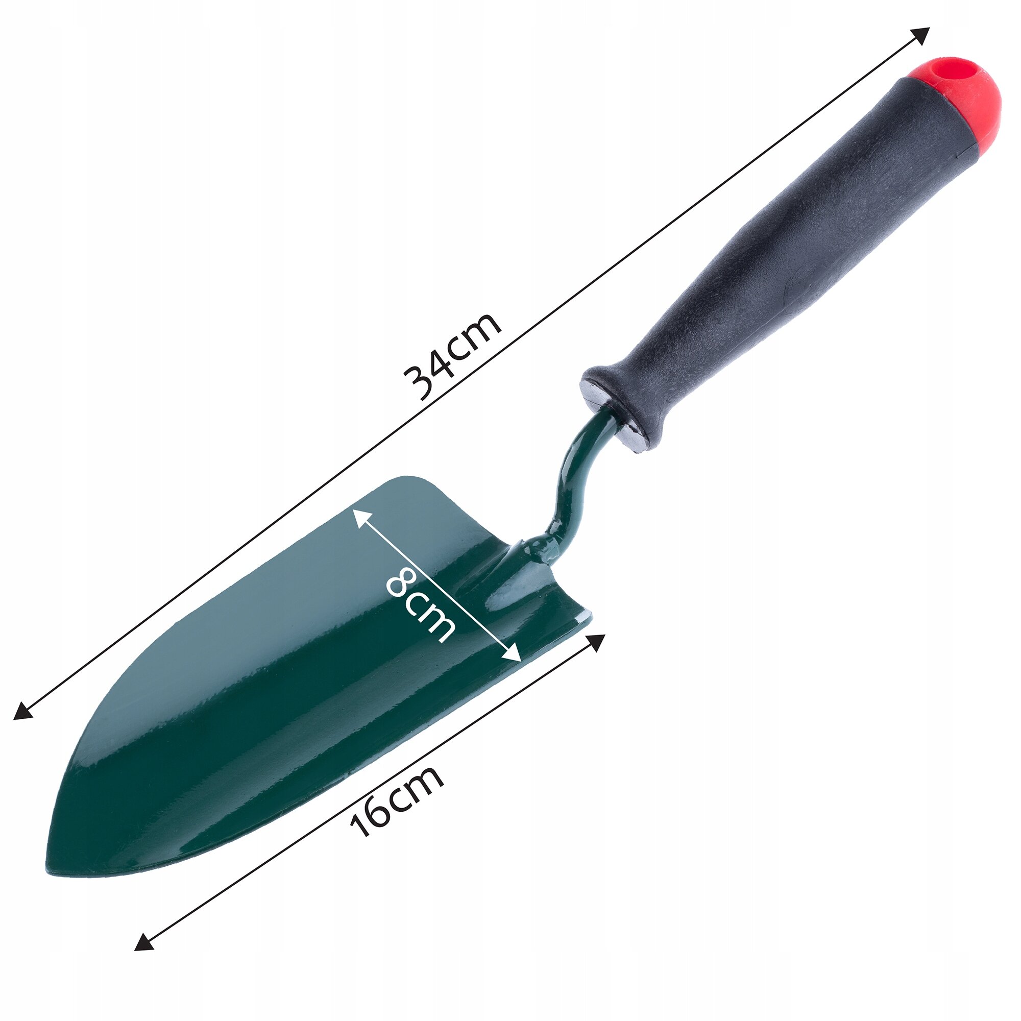 Na obrazie widoczna jest metalowa łopatka ogrodowa z czarną rączką i zielonym ostrzem. Wymiary łopatki to 34 cm długości, 8 cm szerokości ostrza i 16 cm długości ostrza.