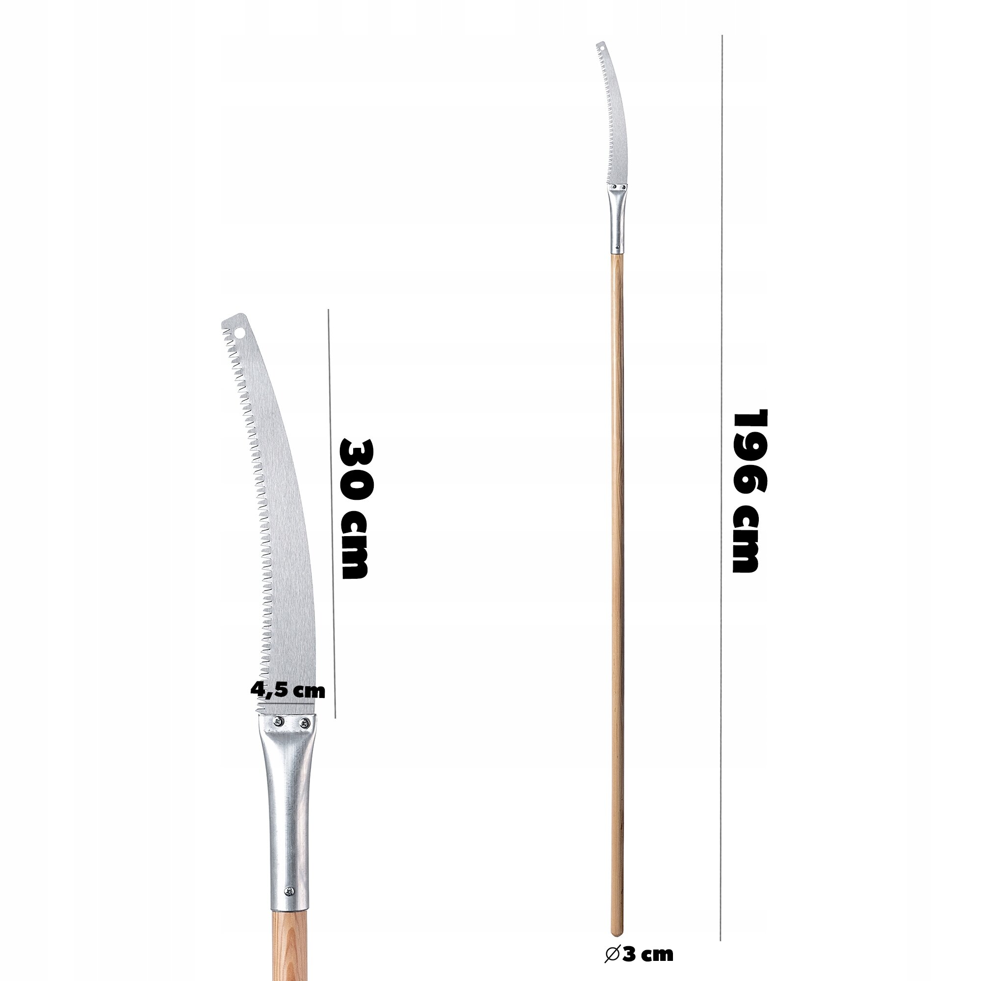 Obraz przedstawia ręczną piłę do gałęzi z metalowym ostrzem o długości 30 cm i drewnianym trzonkiem o długości 196 cm. Średnica trzonka wynosi 3 cm.