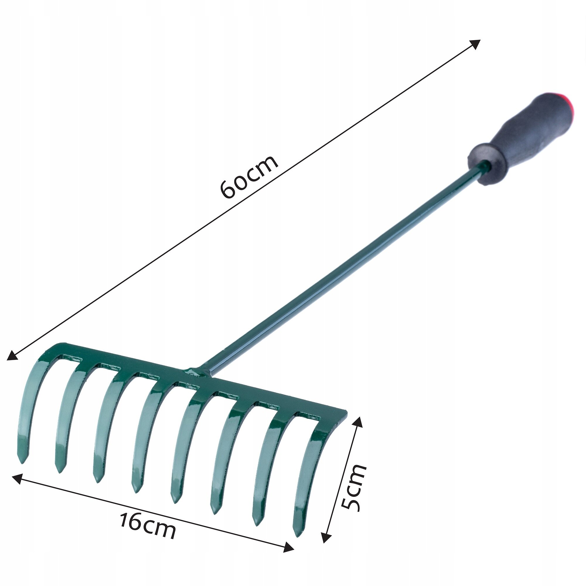Obraz przedstawia metalowe grabie ogrodowe z ośmioma zębami i trzonkiem. Na obrazie widoczne są wymiary: 60 cm długości, 16 cm szerokości i 5 cm wysokości.