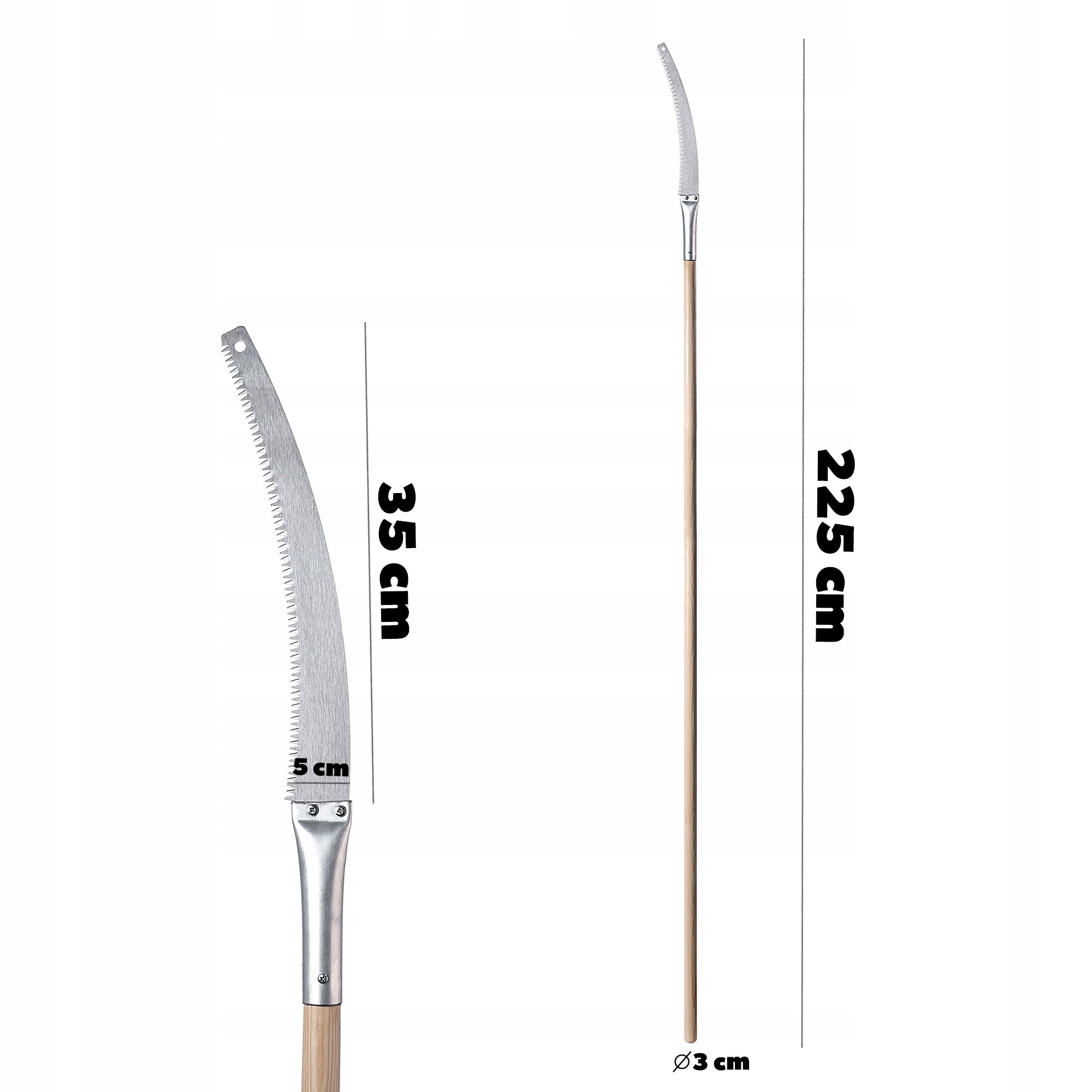 Obraz przedstawia ręczną piłę do gałęzi z zakrzywionym ostrzem o długości 35 cm i drewnianym trzonkiem o długości 225 cm. Średnica trzonka wynosi 3 cm.