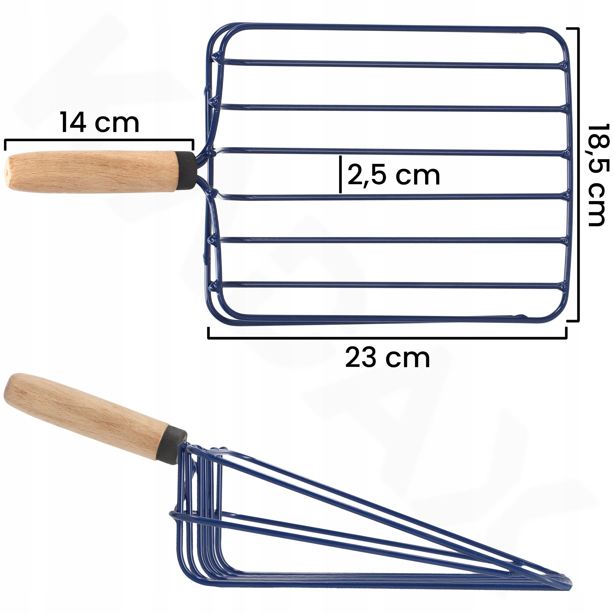 Obraz przedstawia metalową szuflę z drewnianą rączką, z wymiarami 14 cm, 18,5 cm, 2,5 cm i 23 cm. Szufla ma konstrukcję z metalowych prętów w kolorze niebieskim.