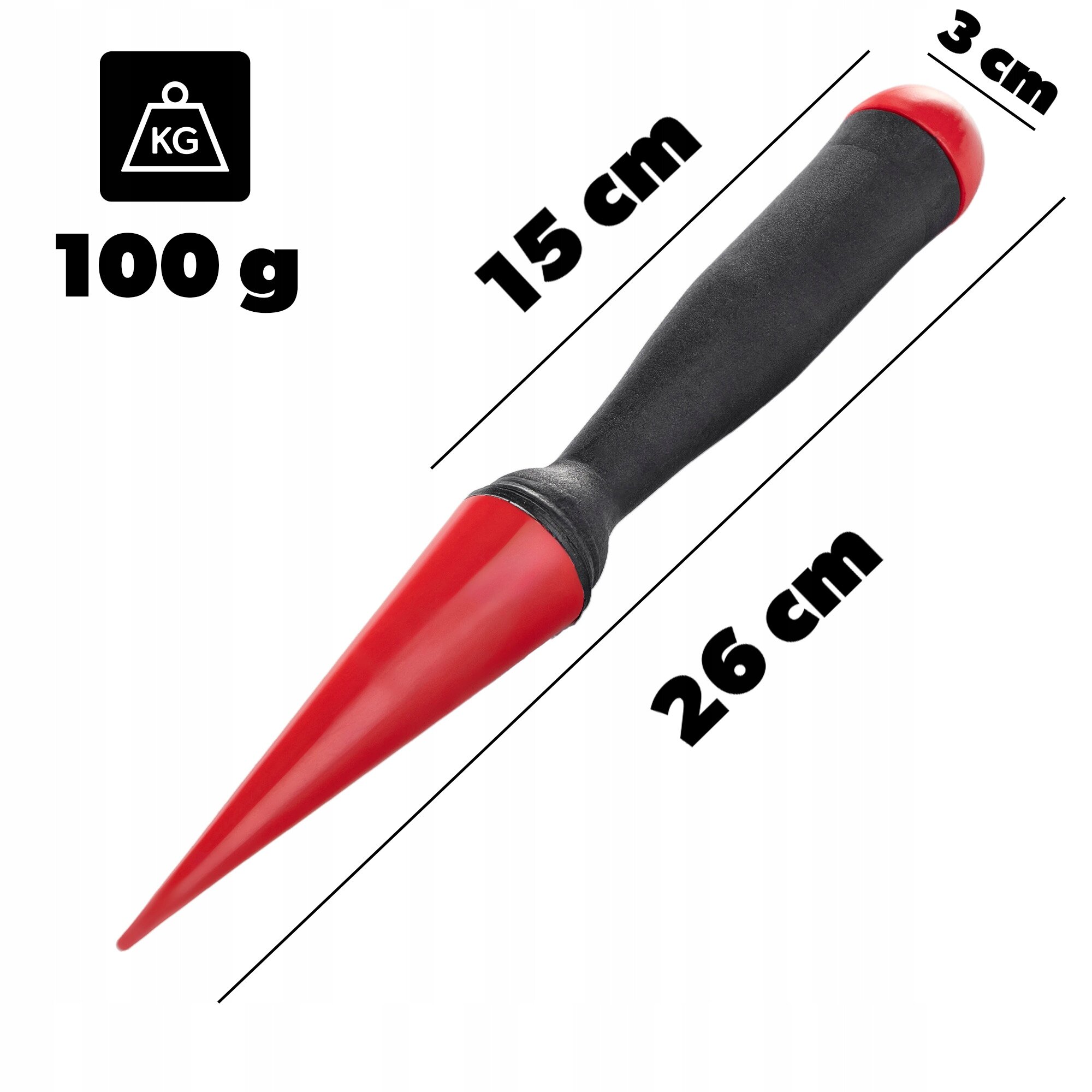 Na obrazie widoczny jest czerwono-czarny pikownik ogrodowy z wymiarami: długość całkowita 26 cm, długość rękojeści 15 cm, średnica rękojeści 3 cm. Obok znajduje się ikona wagi z napisem \'100 g\'.
