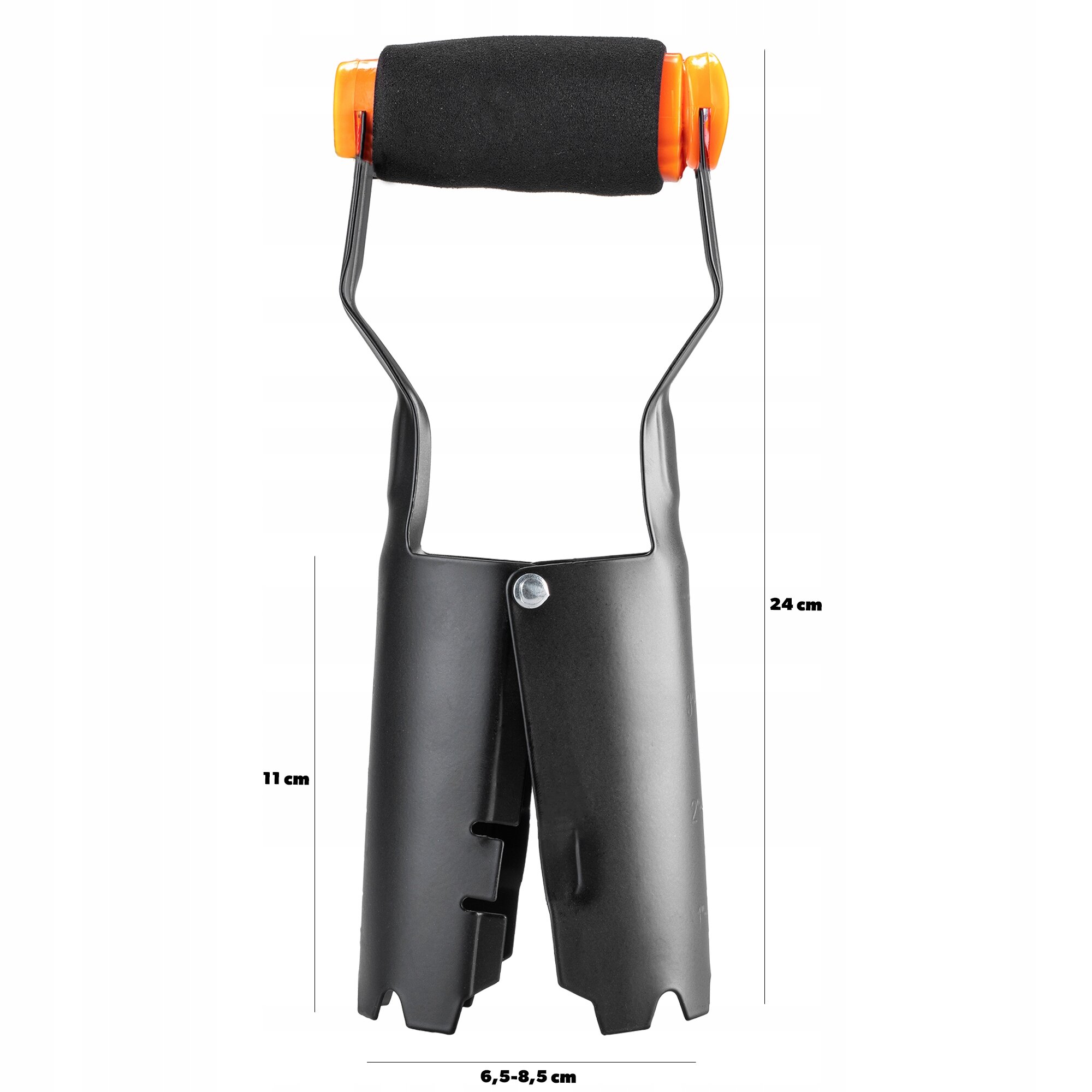 Metalowy ręczny świder do ziemi z czarnym uchwytem pokrytym pianką i pomarańczowymi końcówkami. Wymiary: wysokość 24 cm, szerokość 6,5-8,5 cm, głębokość 11 cm.