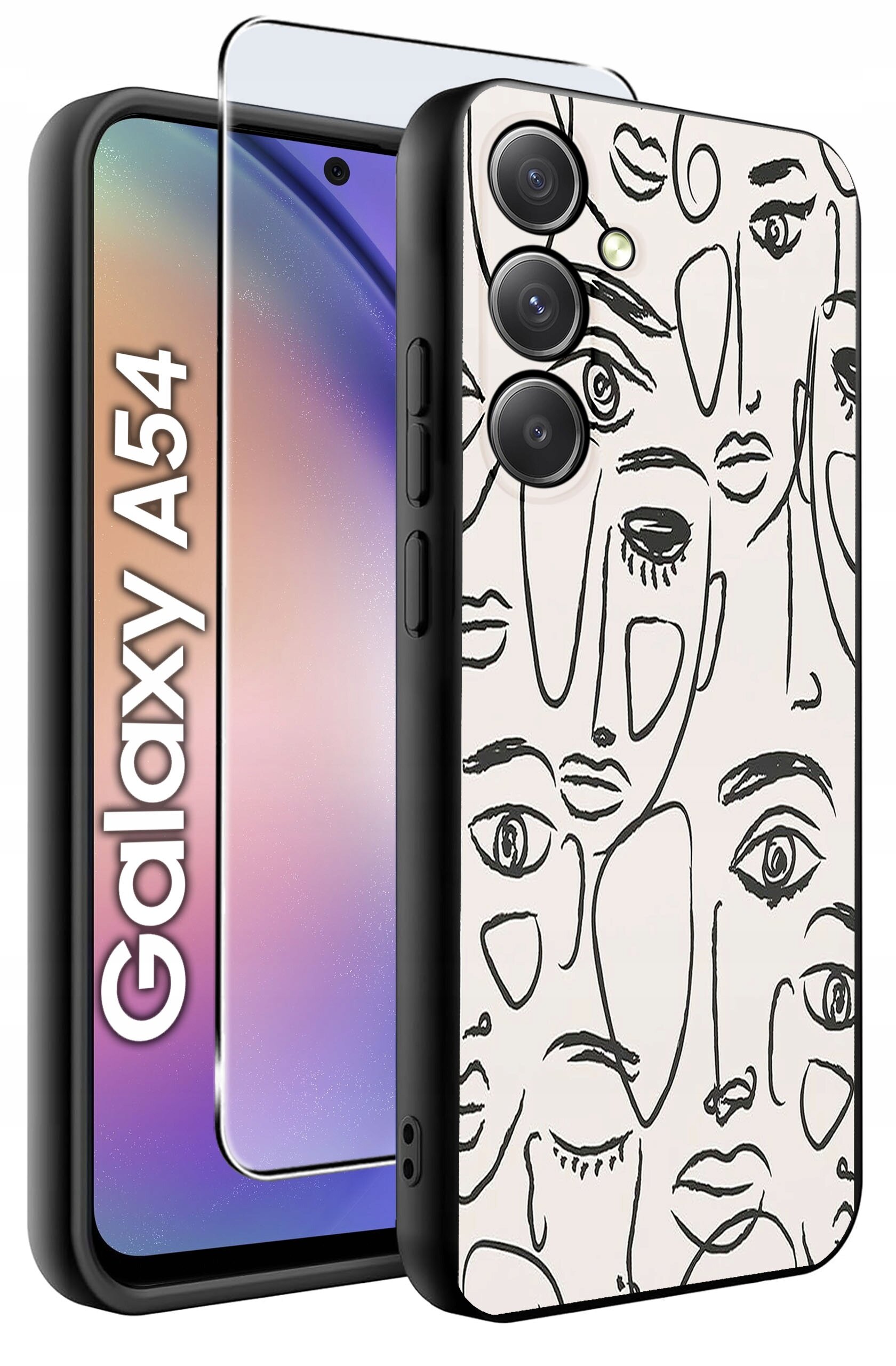 Etui na telefon z abstrakcyjnymi wzorami twarzy, obok którego znajduje się szkło ochronne. Na ekranie telefonu widoczny jest napis \'Galaxy A54\'.