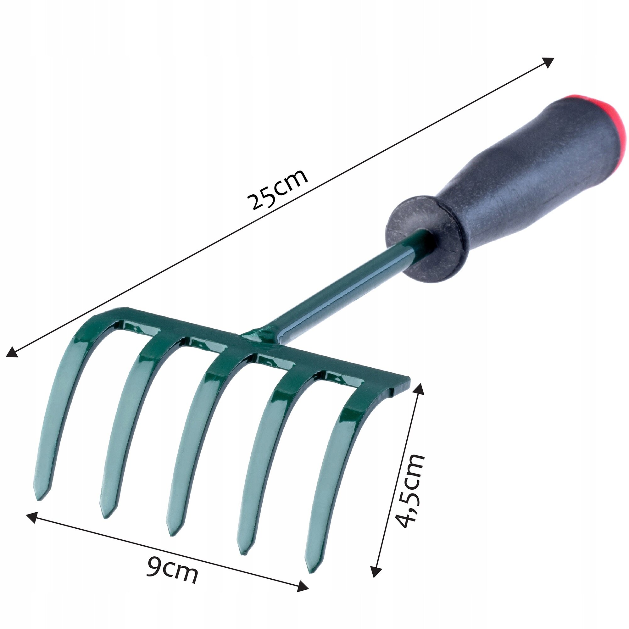 Na obrazie widoczne są metalowe grabki ogrodowe z pięcioma zębami i czarnym uchwytem. Wymiary to 25 cm długości, 9 cm szerokości i 4,5 cm wysokości.