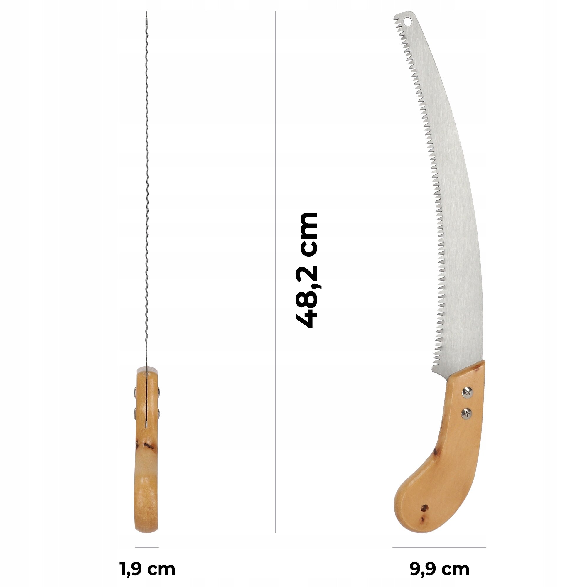 Obraz przedstawia ręczną piłę do gałęzi z drewnianą rączką i zakrzywionym ostrzem. Wymiary piły to 48,2 cm długości, 9,9 cm szerokości ostrza i 1,9 cm grubości rączki.