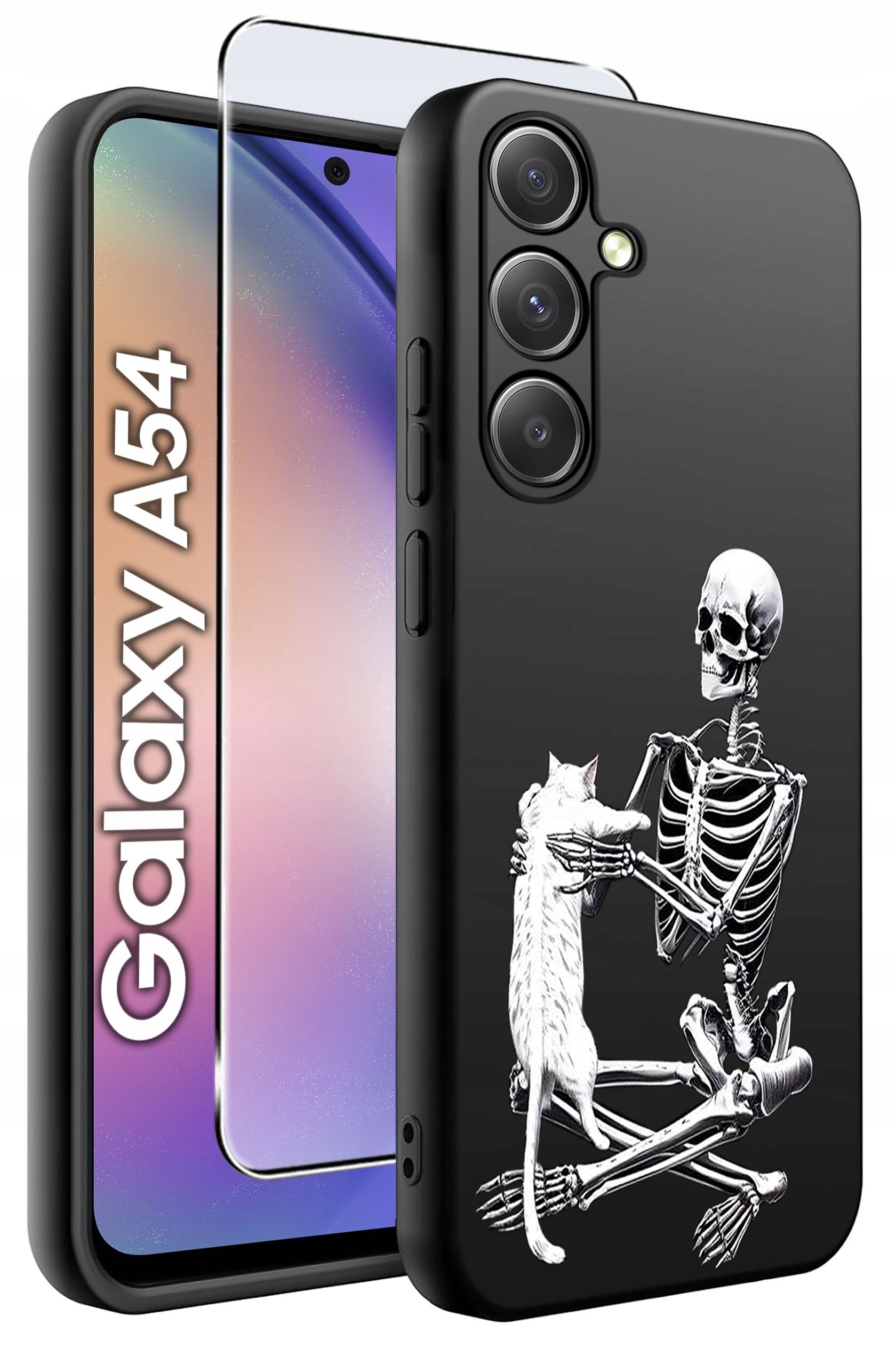 Czarne etui na telefon z nadrukiem szkieletu trzymającego kota. Obok widoczna jest szybka ochronna oraz napis \'Galaxy A54\'.