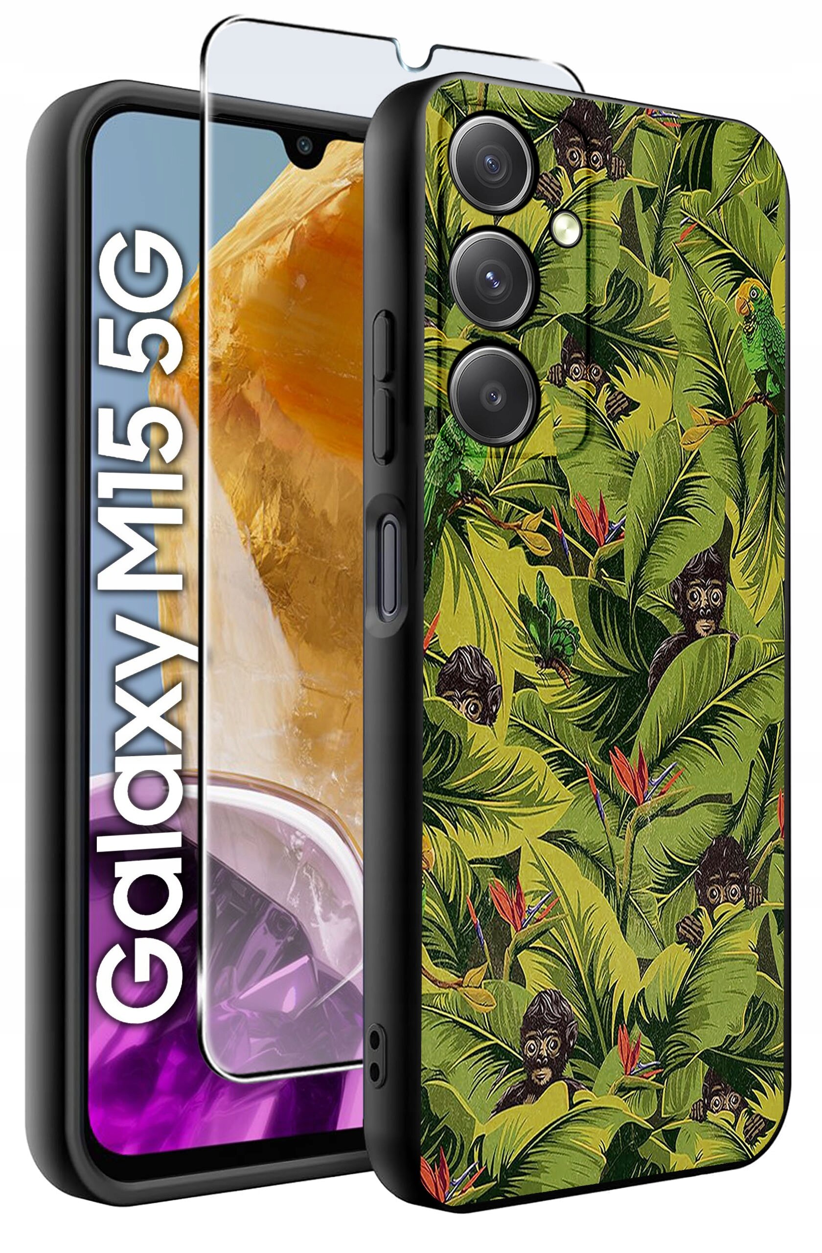 Obraz przedstawia etui na telefon z motywem zielonych liści i małp, obok którego znajduje się szkło hartowane. Na ekranie telefonu widoczny jest napis \'Galaxy M15 5G\'.