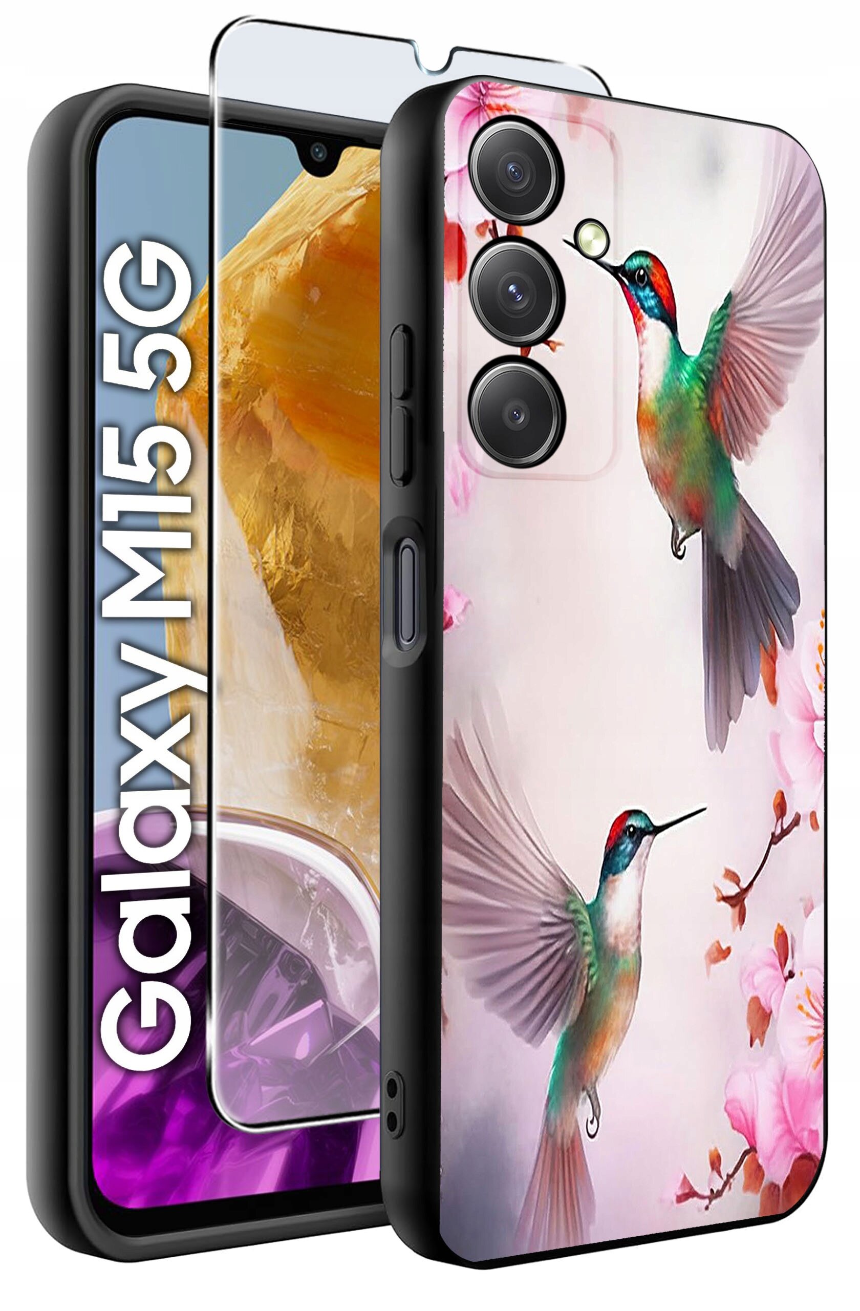 Etui na telefon z kolorowym wzorem kolibrów i kwiatów, obok którego znajduje się szkło hartowane. Na ekranie telefonu widoczny jest napis \'Galaxy M15 5G\'.