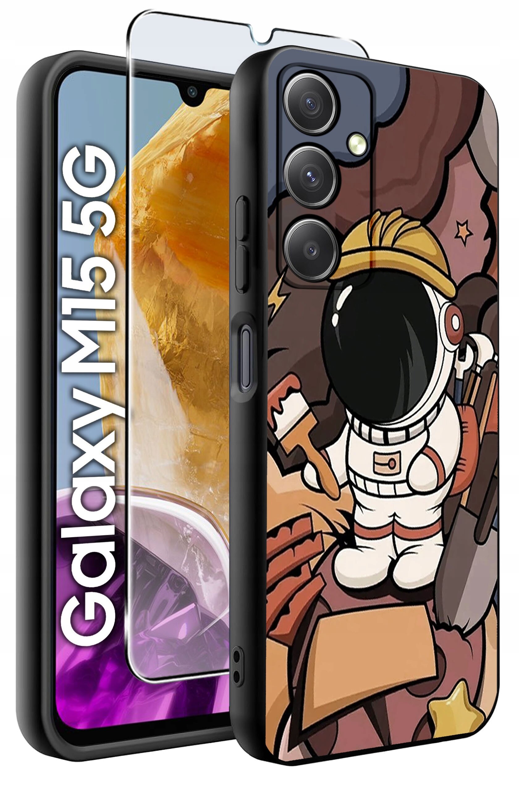 Etui na telefon z grafiką przedstawiającą astronautę w kasku, trzymającego pędzel i łopatę, na tle kosmicznego krajobrazu. Obok etui widoczna jest szybka ochronna oraz napis \'Galaxy M15 5G\'.