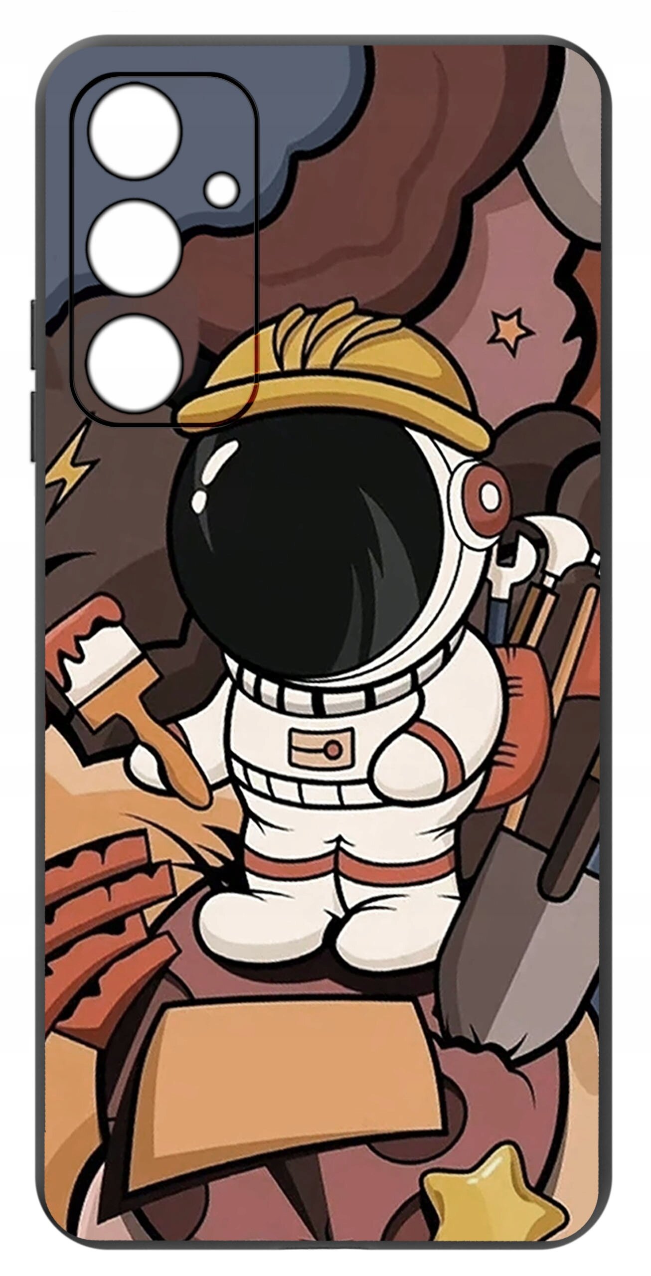 Etui na telefon z grafiką przedstawiającą astronautę w kasku budowlanym, trzymającego pędzel i paletę malarską. Tło jest kolorowe, z elementami przypominającymi chmury i gwiazdy.