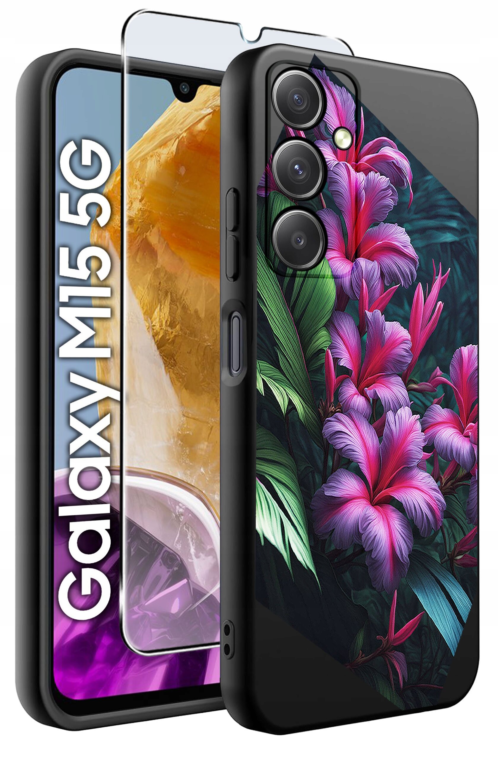 Obraz przedstawia etui na telefon z kolorowym wzorem kwiatowym oraz szkło hartowane. Na ekranie telefonu widoczny jest napis \'Galaxy M15 5G\'.