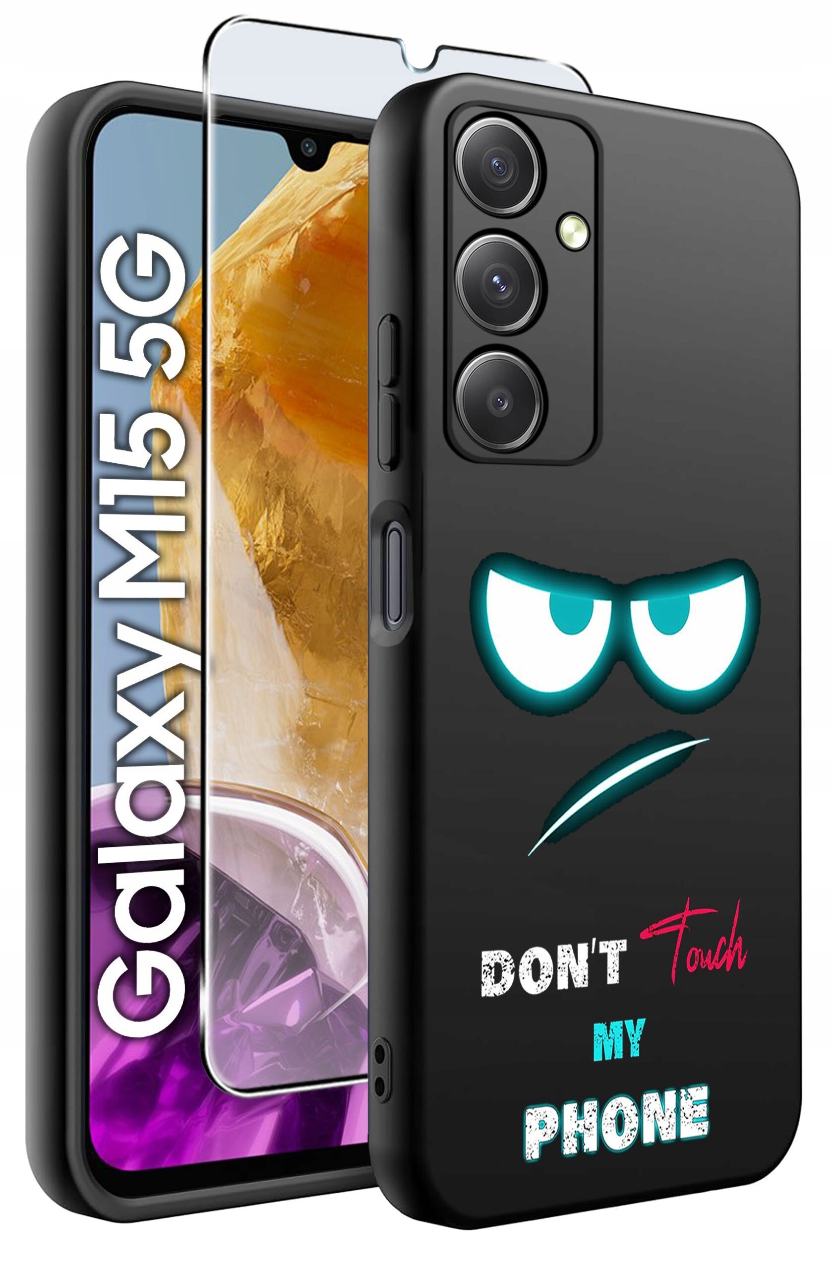 Obraz przedstawia czarne etui na telefon z nadrukiem złośliwej twarzy i napisem \'DON\'T Touch MY PHONE\'. Obok etui widoczny jest telefon z napisem \'Galaxy M15 5G\' oraz szkło hartowane.