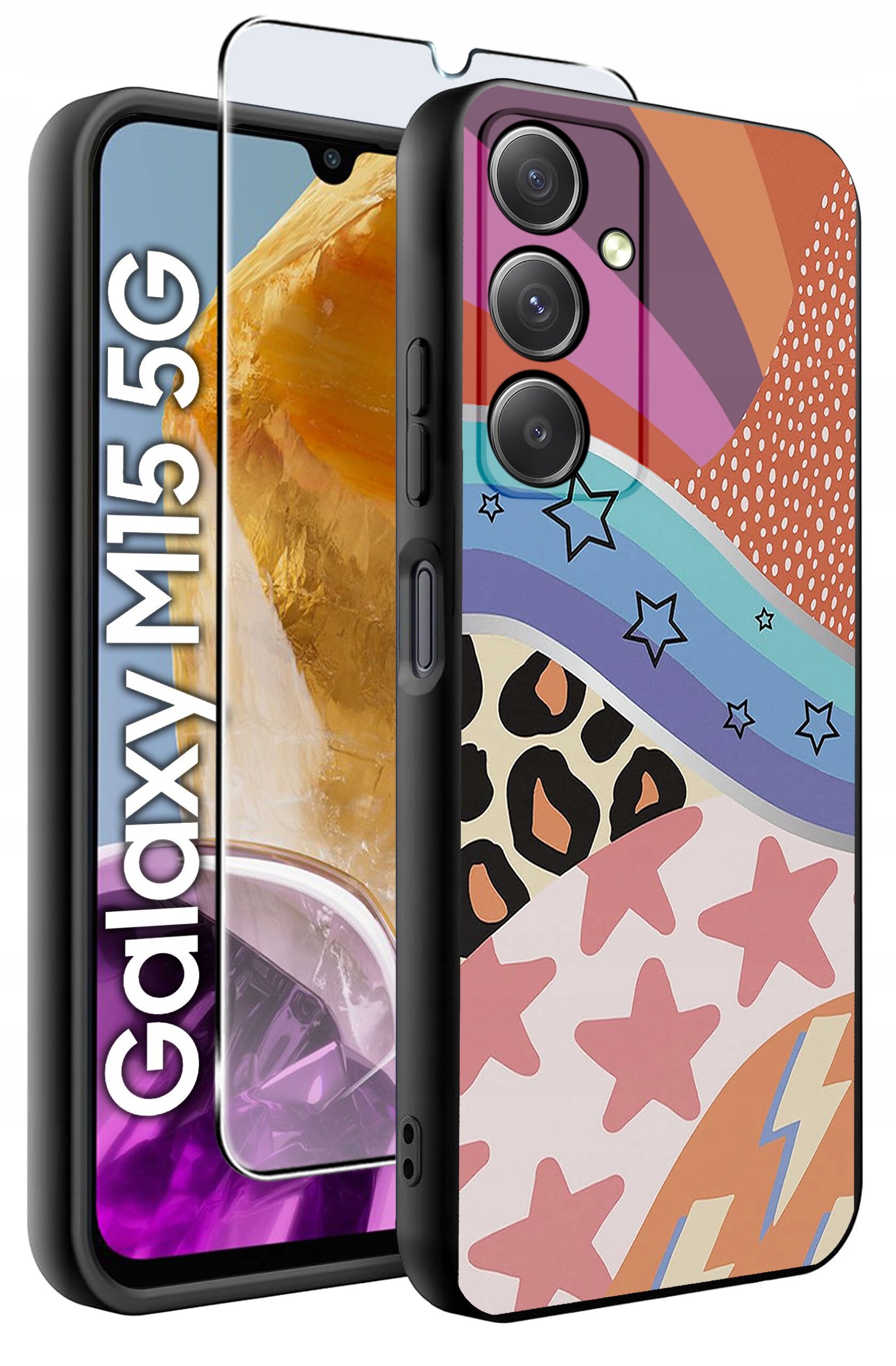 Etui na telefon z kolorowym wzorem w gwiazdy, paski i kropki, obok którego znajduje się szkło hartowane. Na ekranie telefonu widoczny jest napis \'Galaxy M15 5G\'.