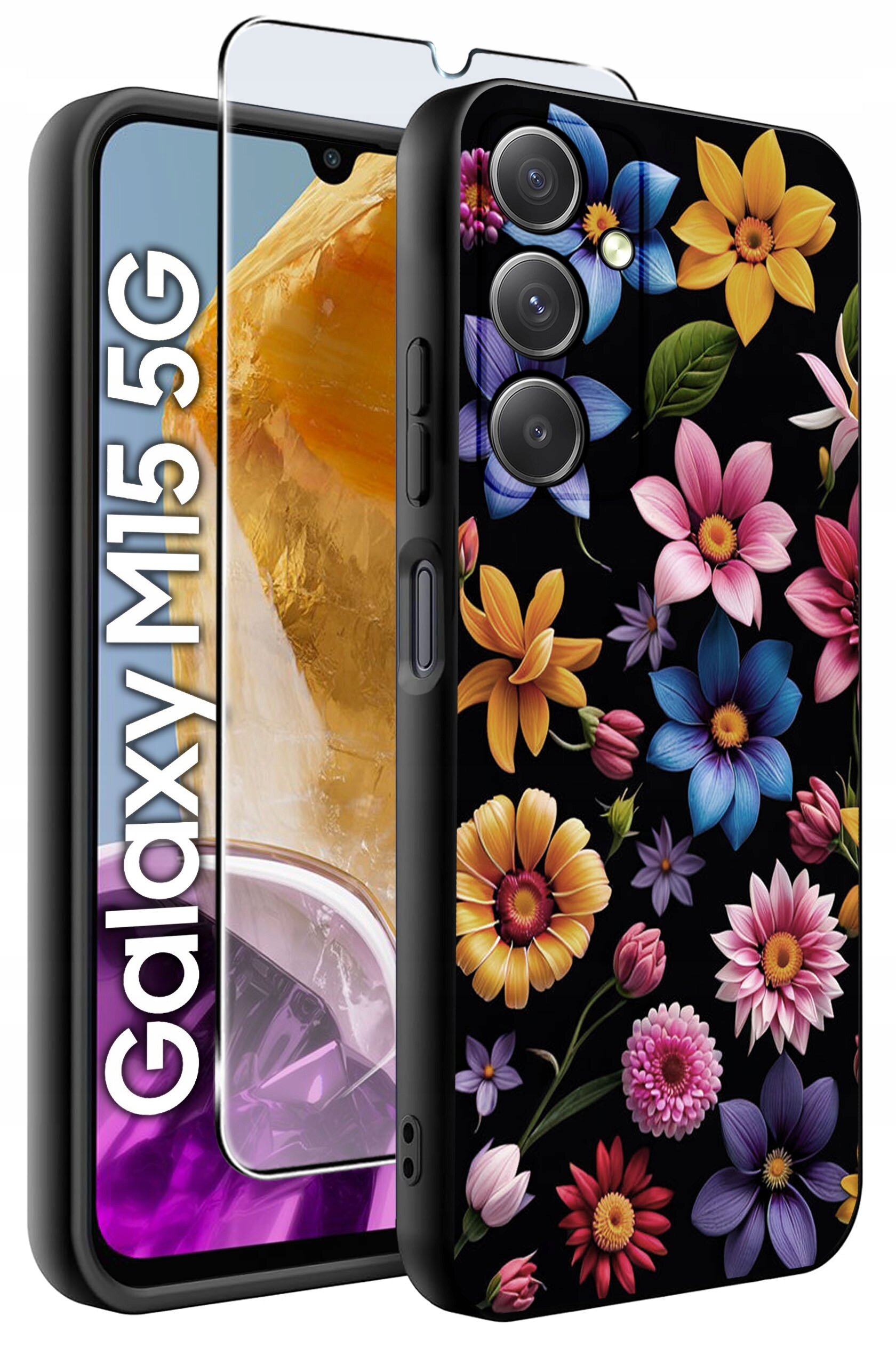 Obraz przedstawia etui na telefon z kolorowym wzorem kwiatów na czarnym tle oraz szkło hartowane. Obok widoczny jest napis \'Galaxy M15 5G\'.