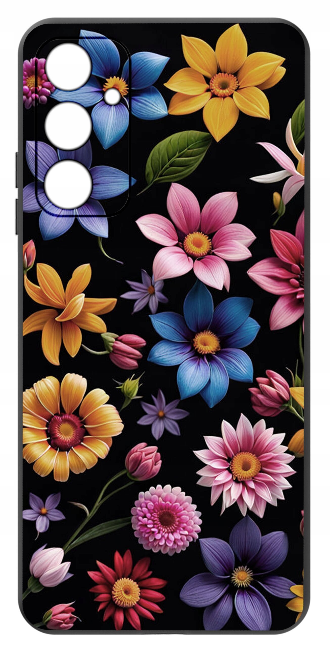 Etui na telefon z kolorowym wzorem kwiatów na czarnym tle, z wycięciami na aparat.