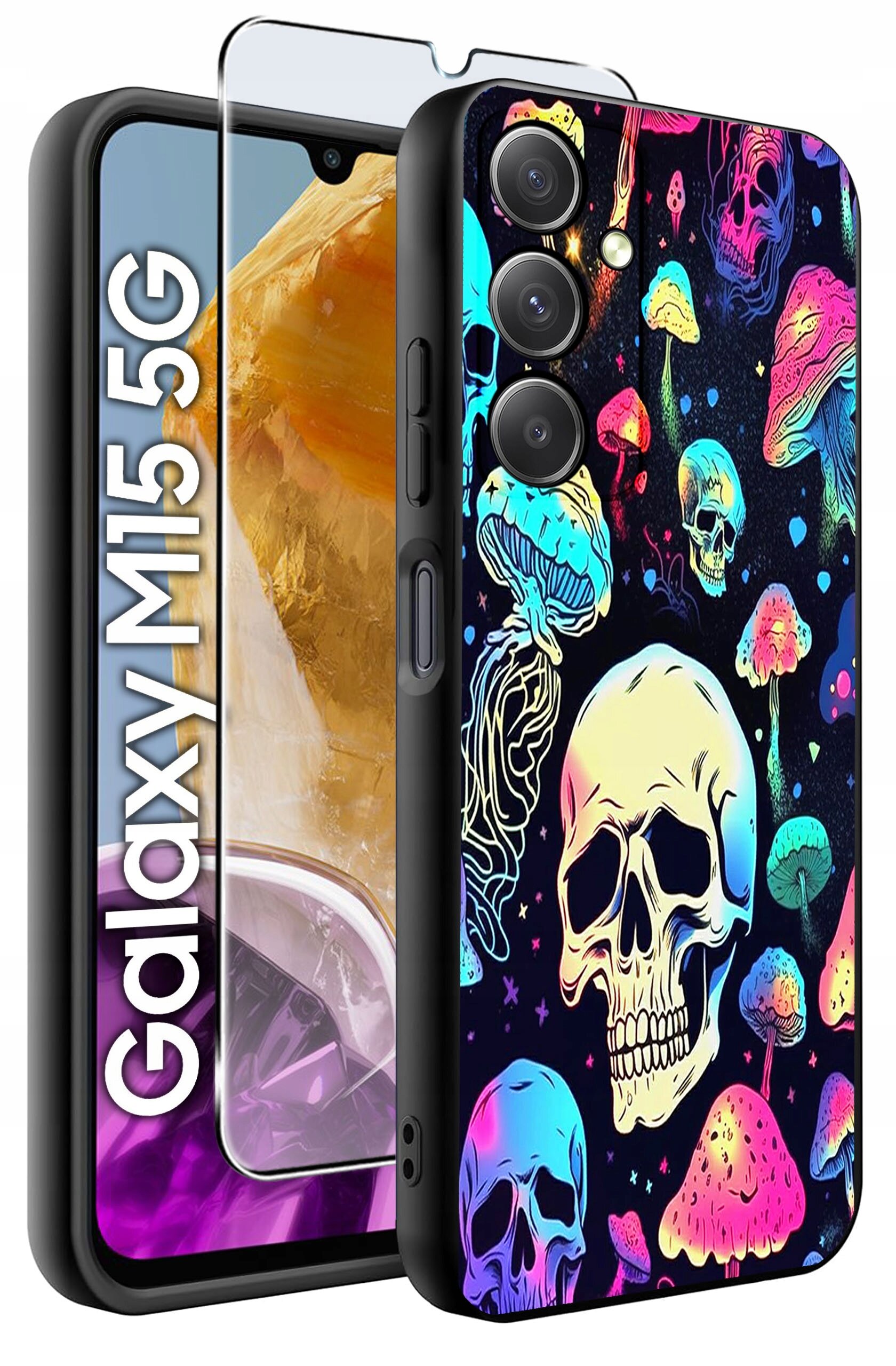 Etui na telefon z kolorowymi wzorami czaszek i grzybów, obok znajduje się szkło hartowane. Widoczny napis: \'Galaxy M15 5G\'.