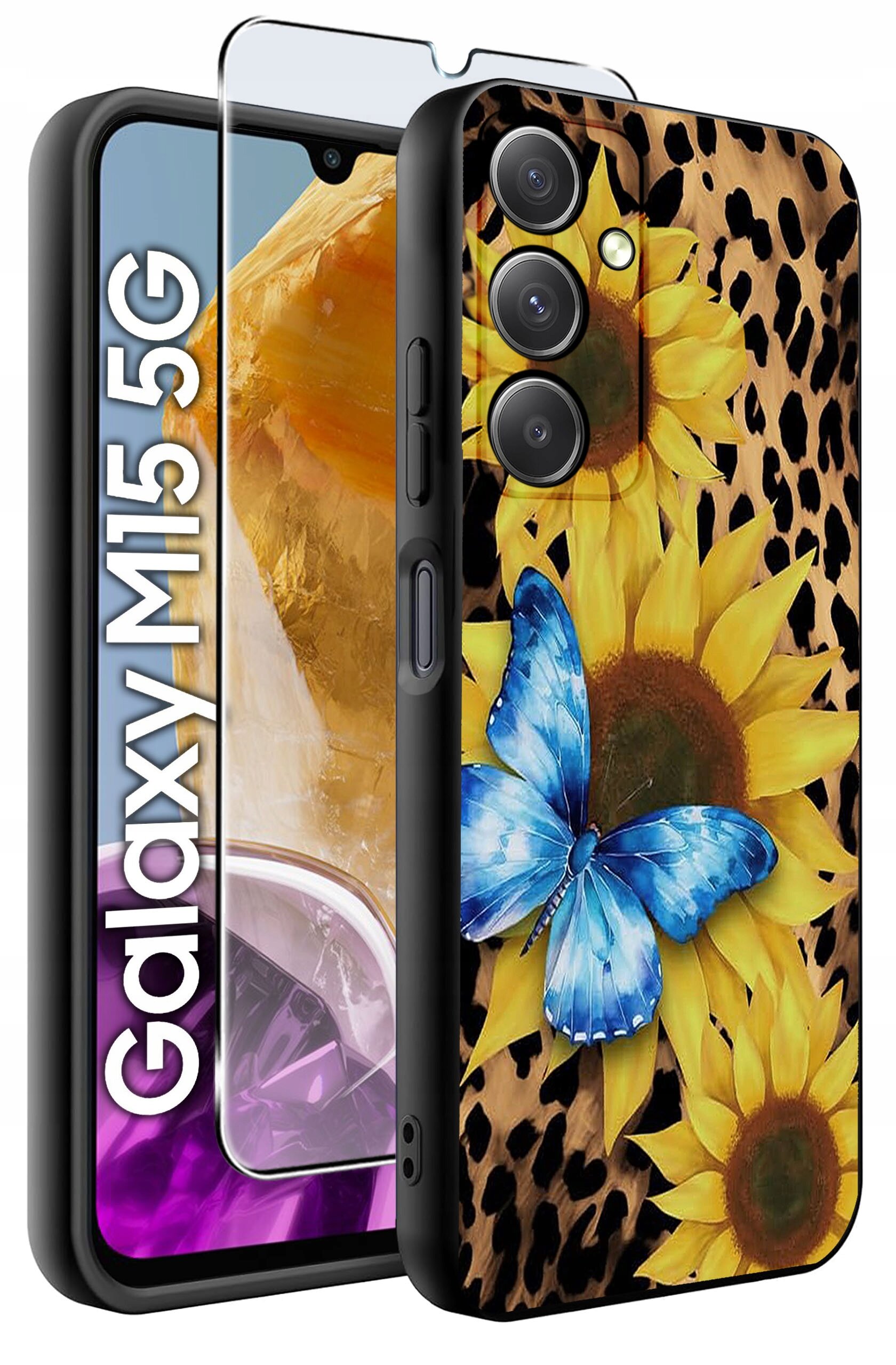 Obraz przedstawia etui na telefon z motywem słoneczników i niebieskiego motyla na tle w cętki. Obok etui widoczny jest napis \'Galaxy M15 5G\' oraz szkło hartowane.