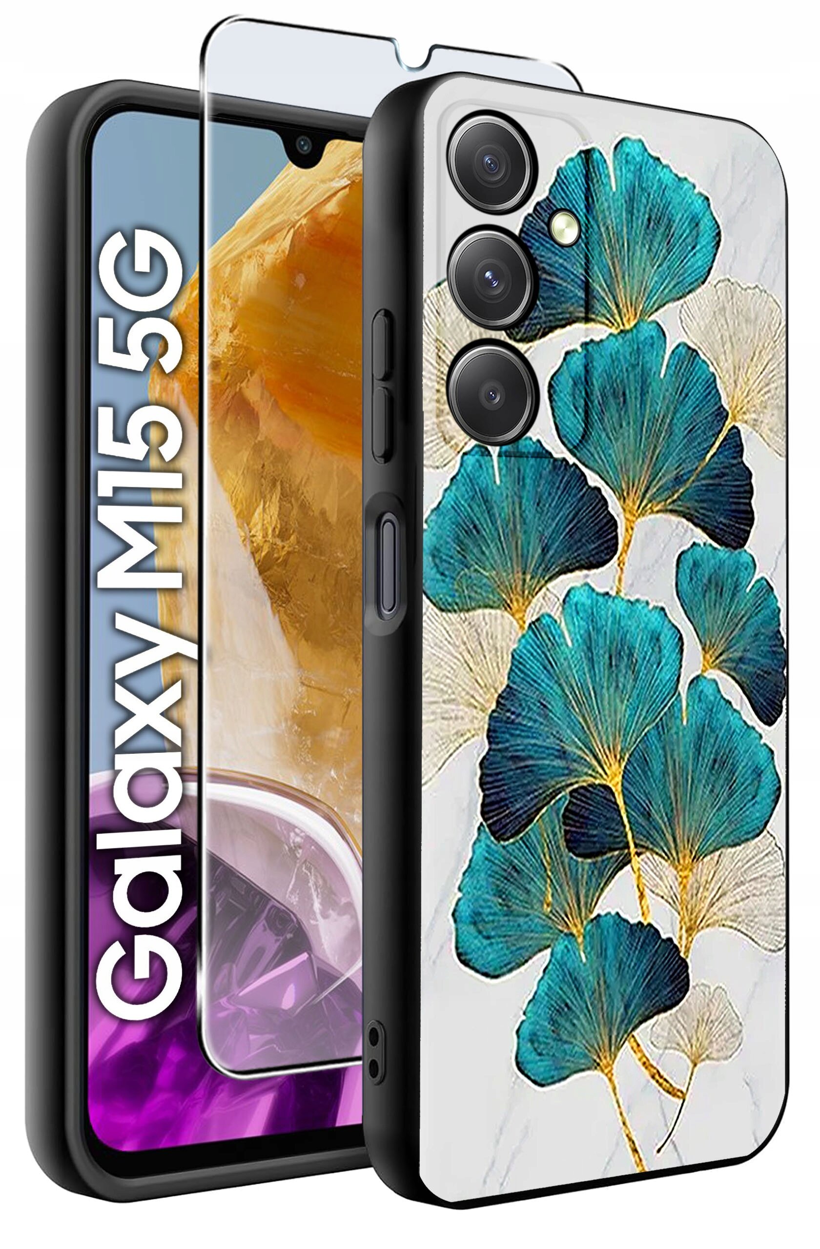 Etui do telefonu z wzorem niebiesko-zielonych liści na białym tle, obok którego znajduje się szkło hartowane. Na ekranie telefonu widoczny jest napis \'Galaxy M15 5G\'.