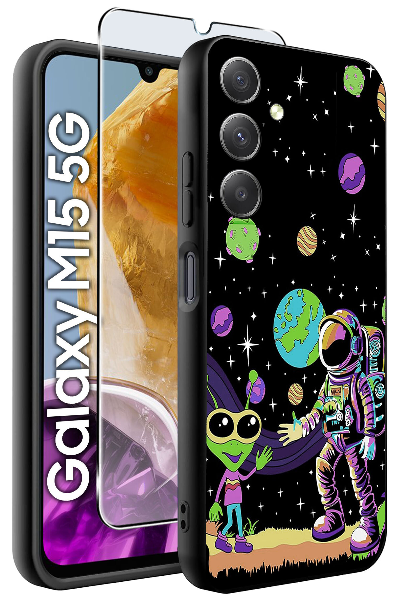 Etui na telefon z kolorowym wzorem przedstawiającym astronautę i kosmitę na tle kosmosu, obok znajduje się szkło hartowane. Na ekranie telefonu widoczny jest napis \'Galaxy M15 5G\'.