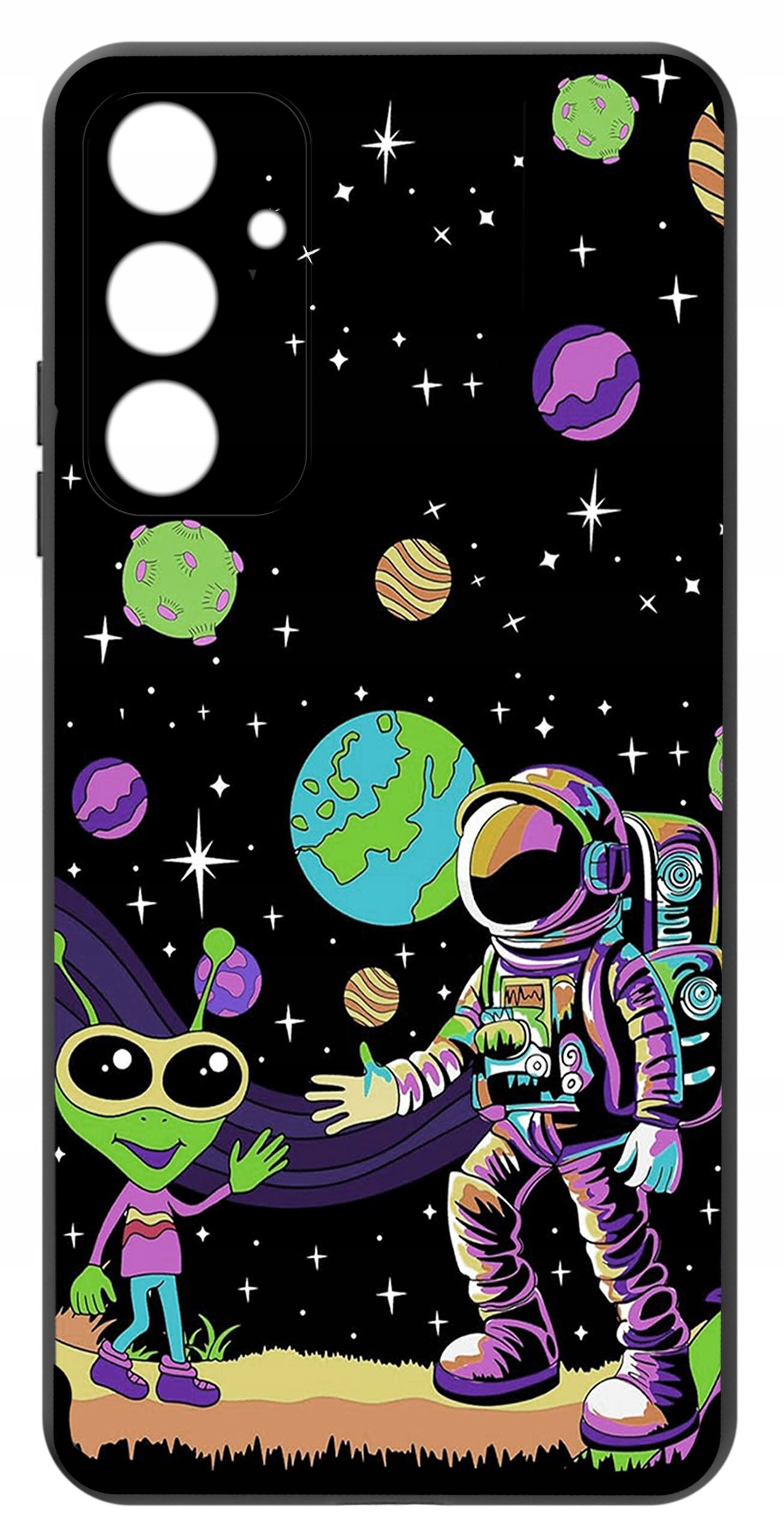Etui na telefon z kolorowym wzorem przedstawiającym astronautę i zielonego kosmitę na tle kosmosu z planetami i gwiazdami.