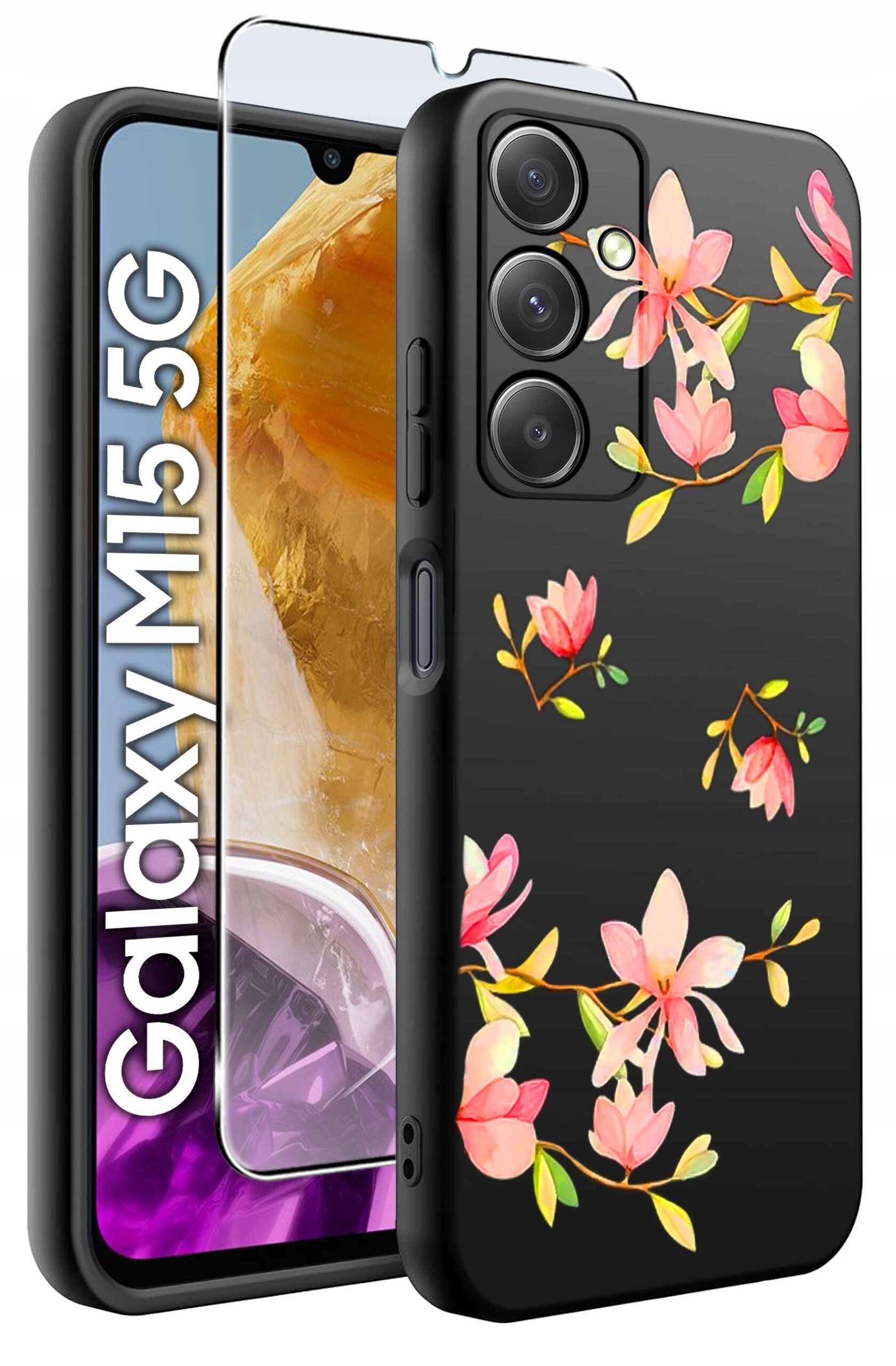 Obraz przedstawia czarne etui na telefon z kolorowym wzorem kwiatowym oraz szkło hartowane. Obok widoczny jest napis \'Galaxy M15 5G\'.