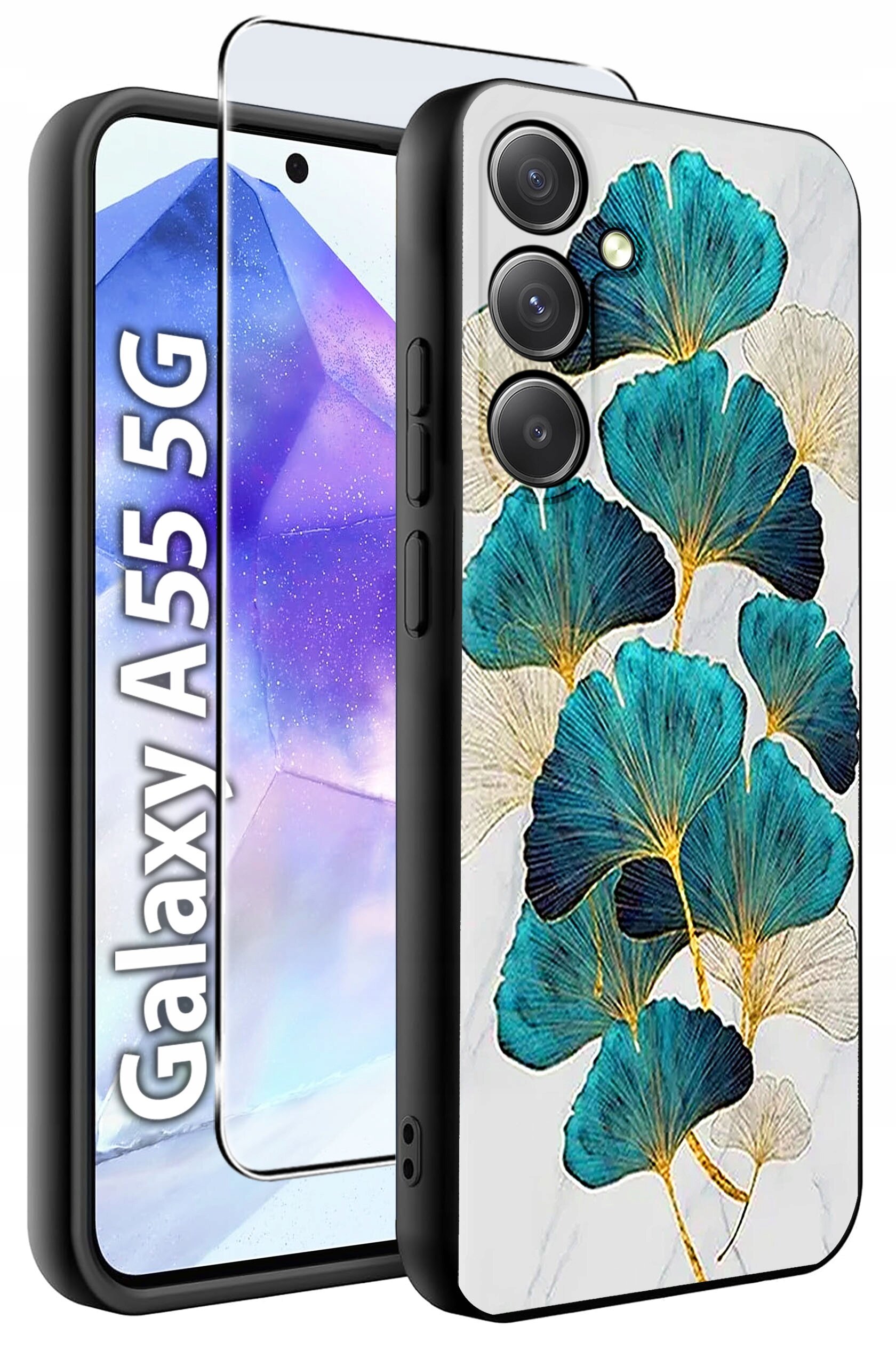 Obraz przedstawia etui na telefon z wzorem niebiesko-zielonych liści na białym tle oraz szkło hartowane. Obok widoczny jest napis \'Galaxy A55 5G\'.