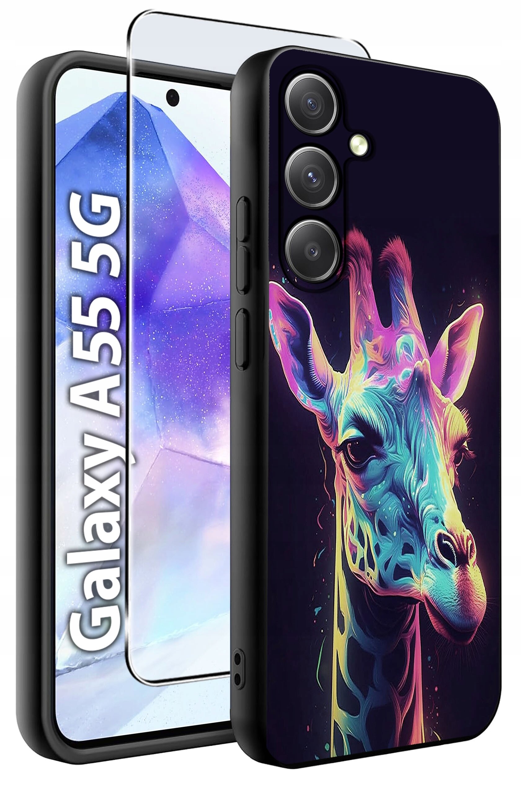 Etui na telefon z kolorowym wzorem żyrafy oraz szkło hartowane. Widoczny napis: \'Galaxy A55 5G\'.