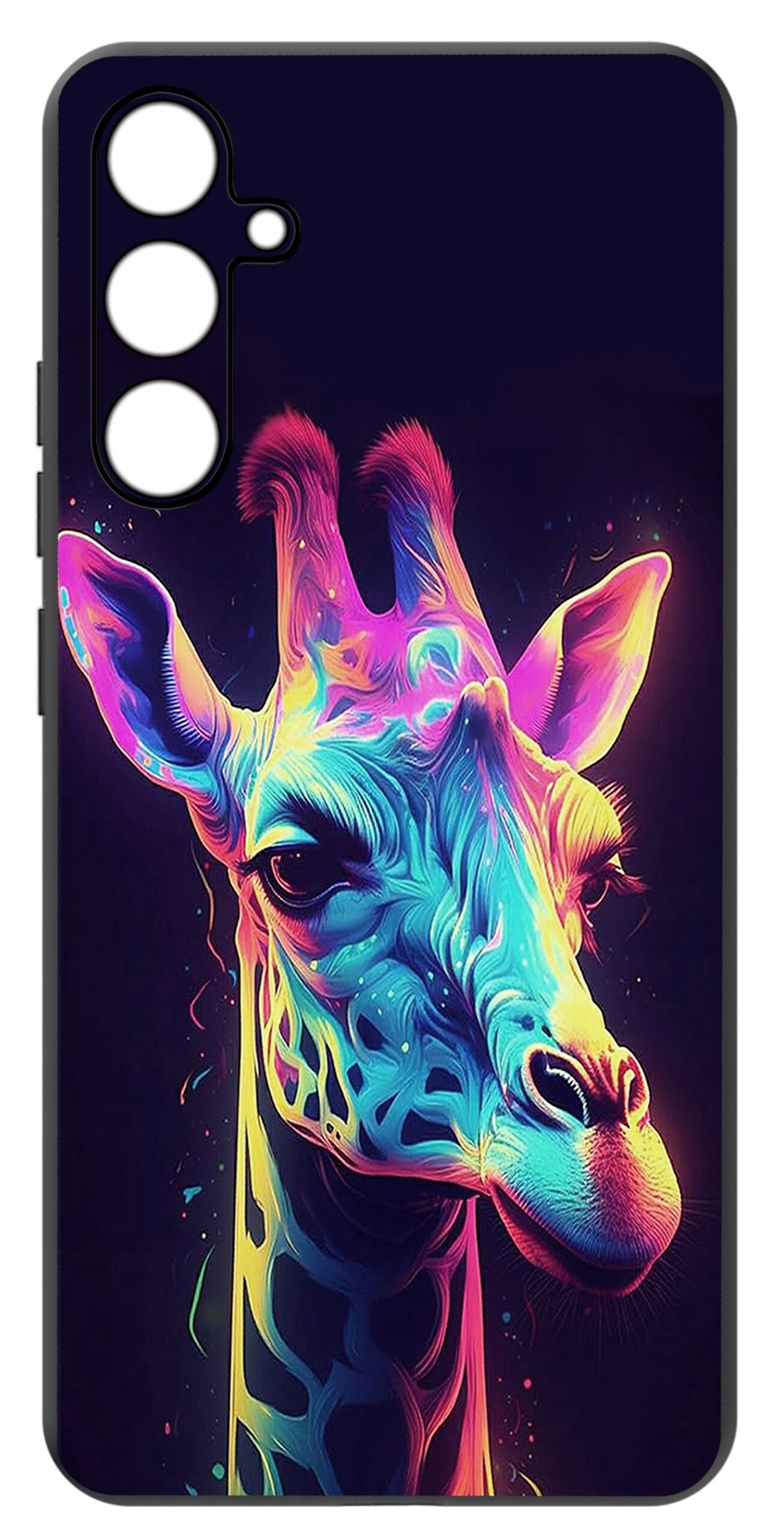 Etui na telefon z kolorowym wzorem żyrafy w neonowych barwach na ciemnym tle. Etui ma trzy otwory na aparat fotograficzny.