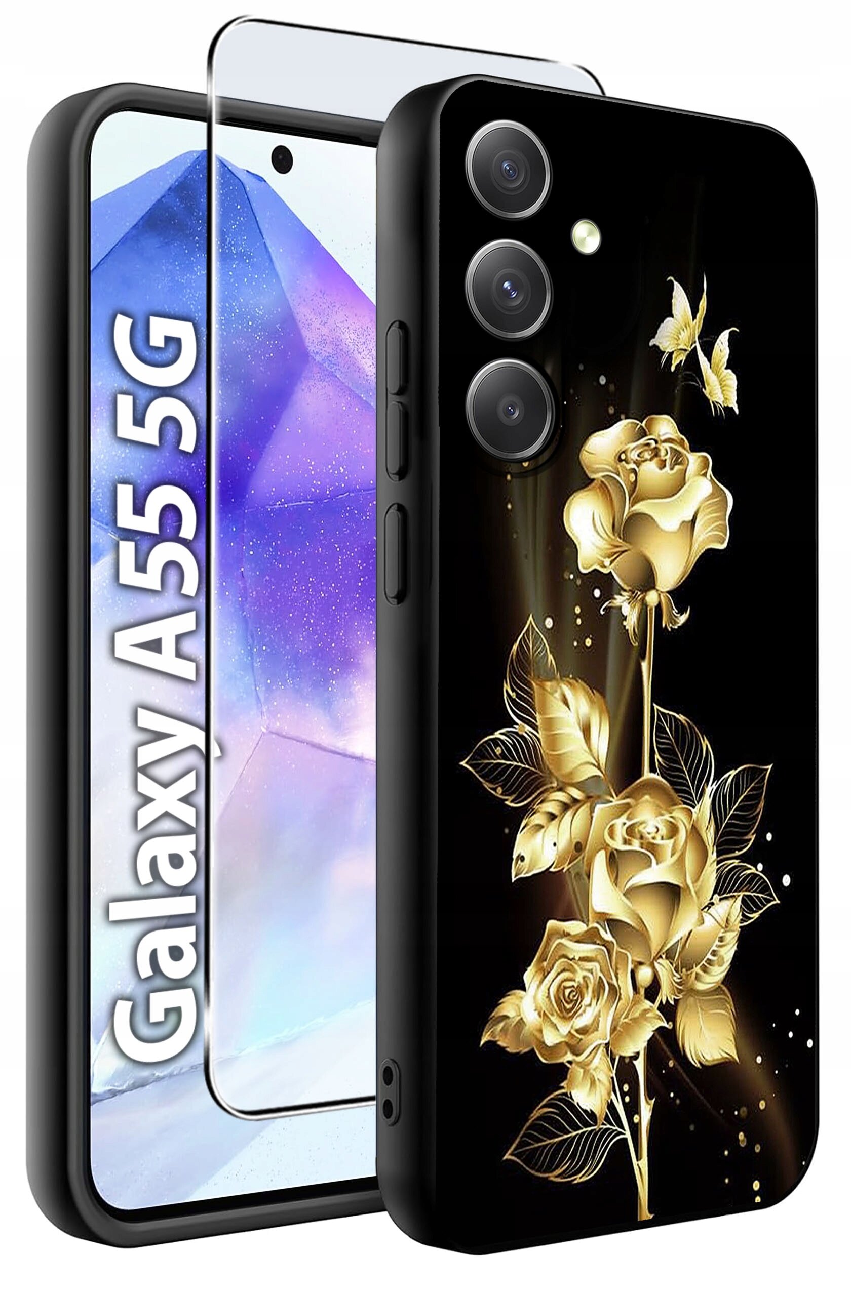 Obraz przedstawia etui na telefon z czarnym tłem i złotym wzorem kwiatów oraz motyli. Obok etui widoczny jest napis \'Galaxy A55 5G\' oraz szkło hartowane na ekran.