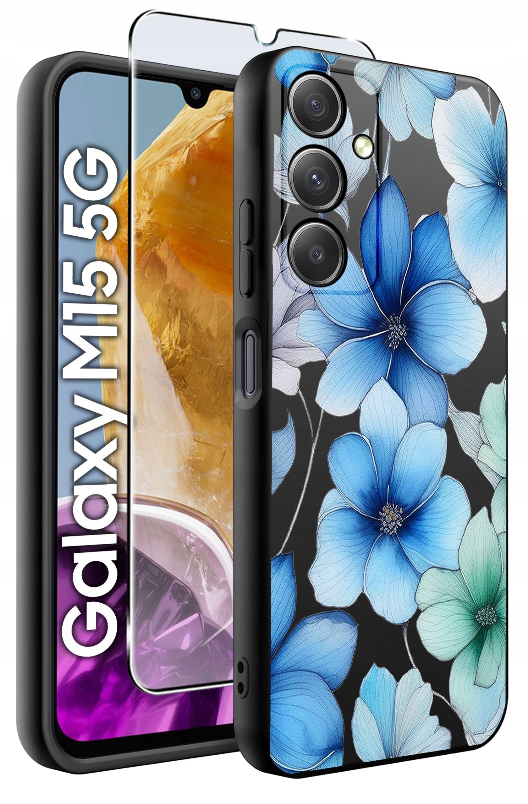Obraz przedstawia etui na telefon z wzorem niebieskich kwiatów oraz szkło hartowane. Na ekranie telefonu widoczny jest napis \'Galaxy M15 5G\'.