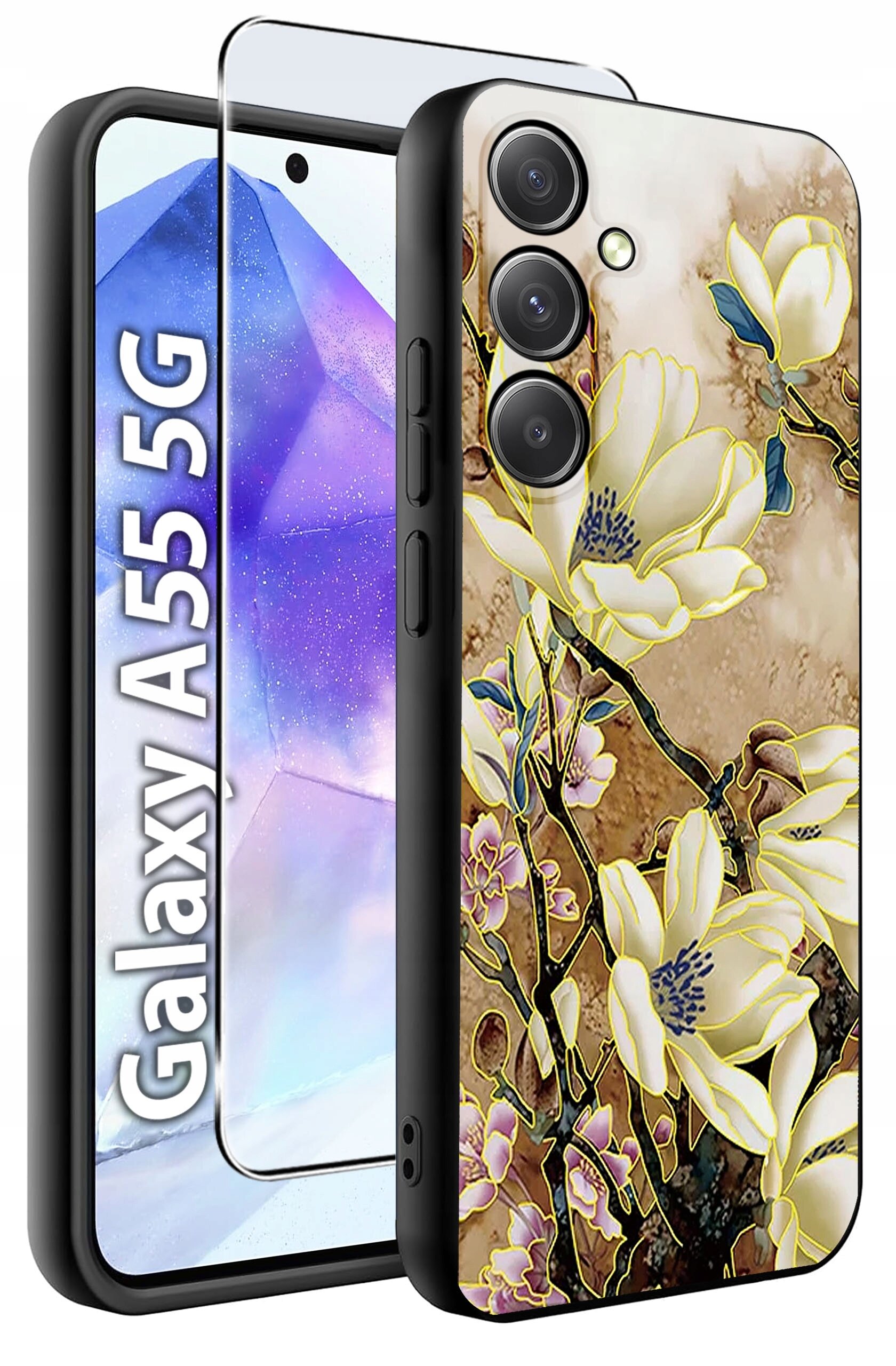 Obraz przedstawia etui na telefon z wzorem kwiatów oraz szkło hartowane. Widoczny jest napis \'Galaxy A55 5G\'.