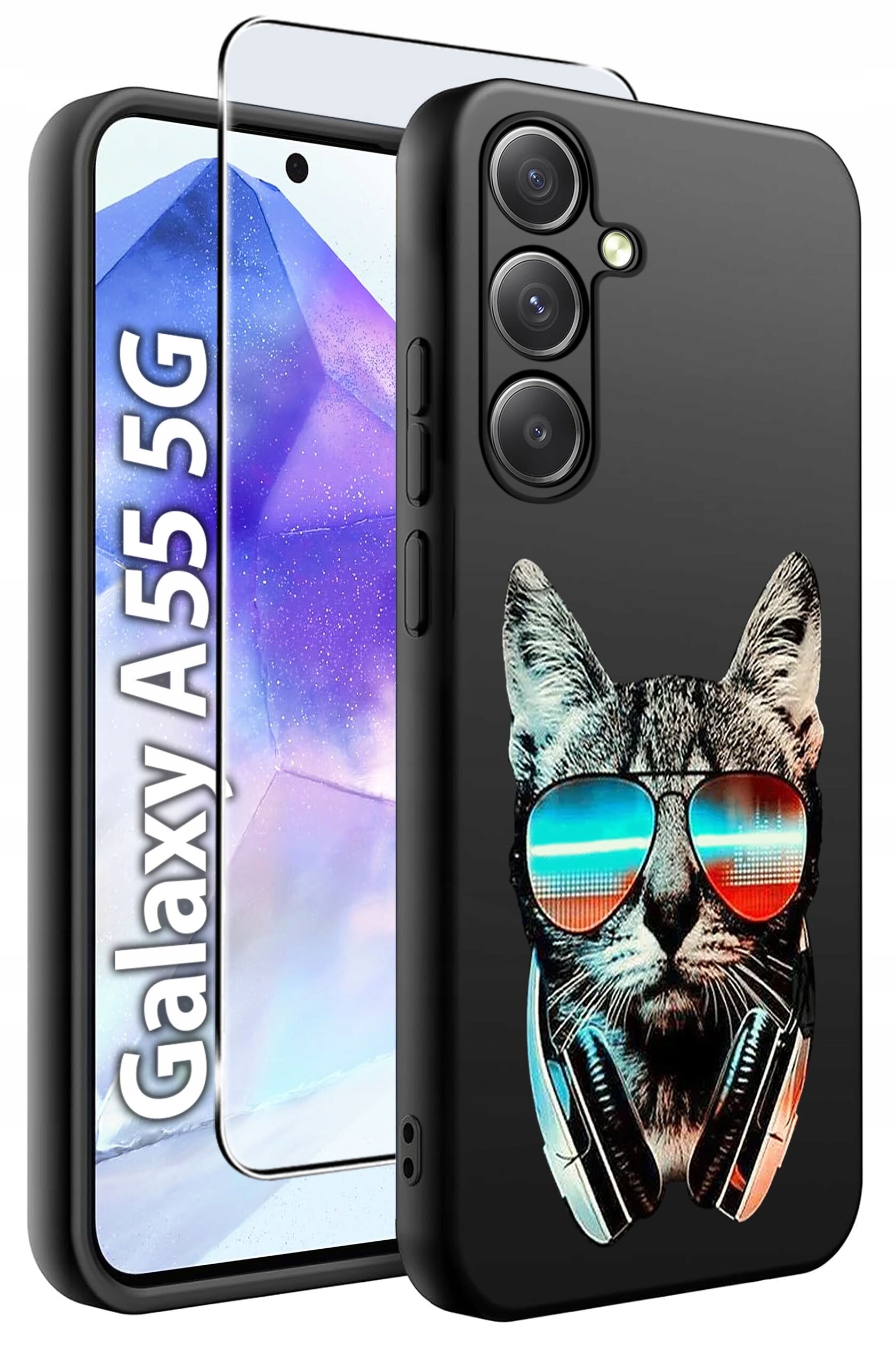 Obraz przedstawia czarne etui na telefon z nadrukiem kota w okularach przeciwsłonecznych i słuchawkach. Obok etui widoczny jest telefon z napisem \'Galaxy A55 5G\' oraz szkło hartowane.