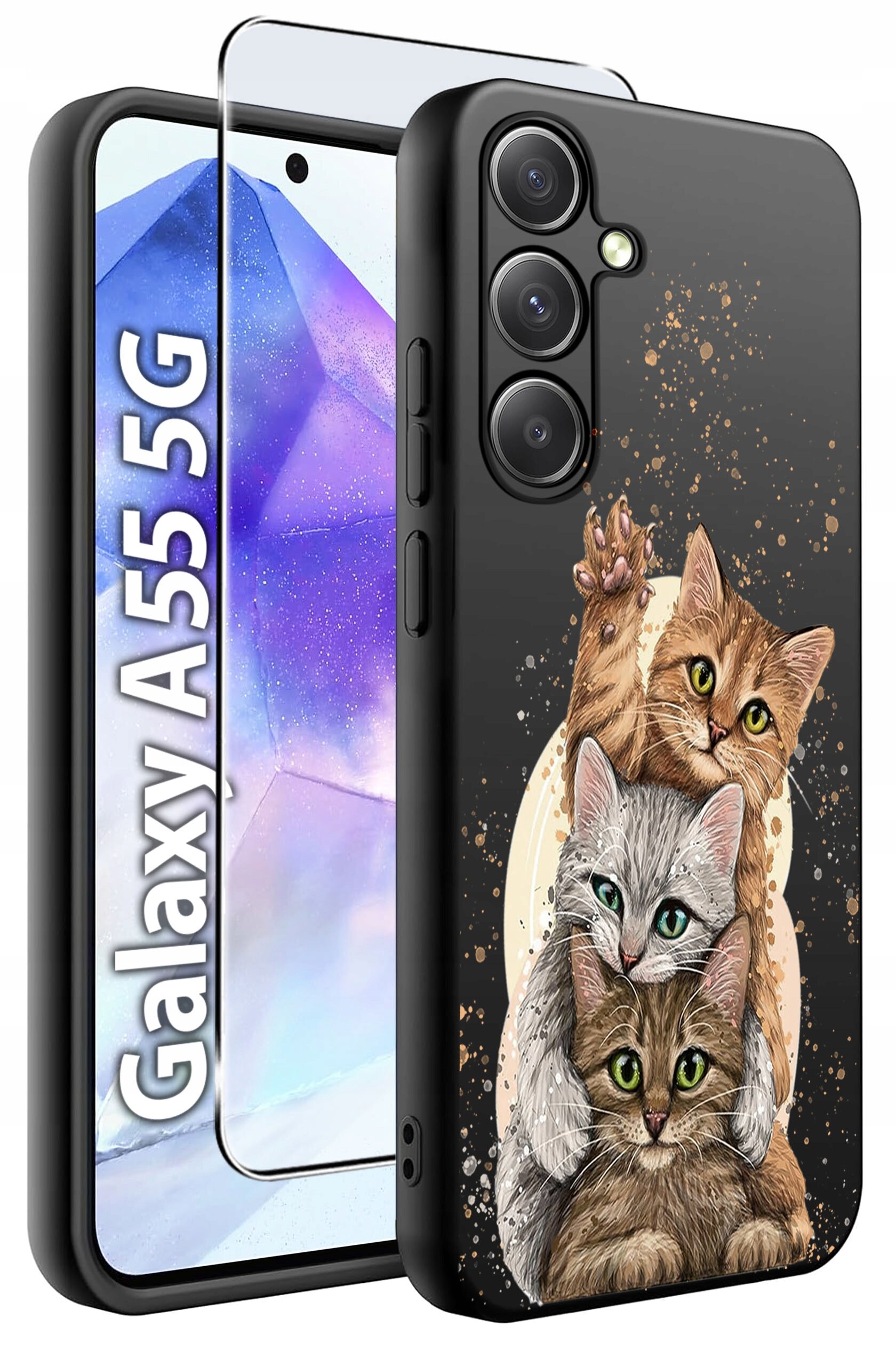 Etui na telefon z trzema rysunkowymi kotami na czarnym tle oraz szkło hartowane. Widoczny napis: \'Galaxy A55 5G\'.