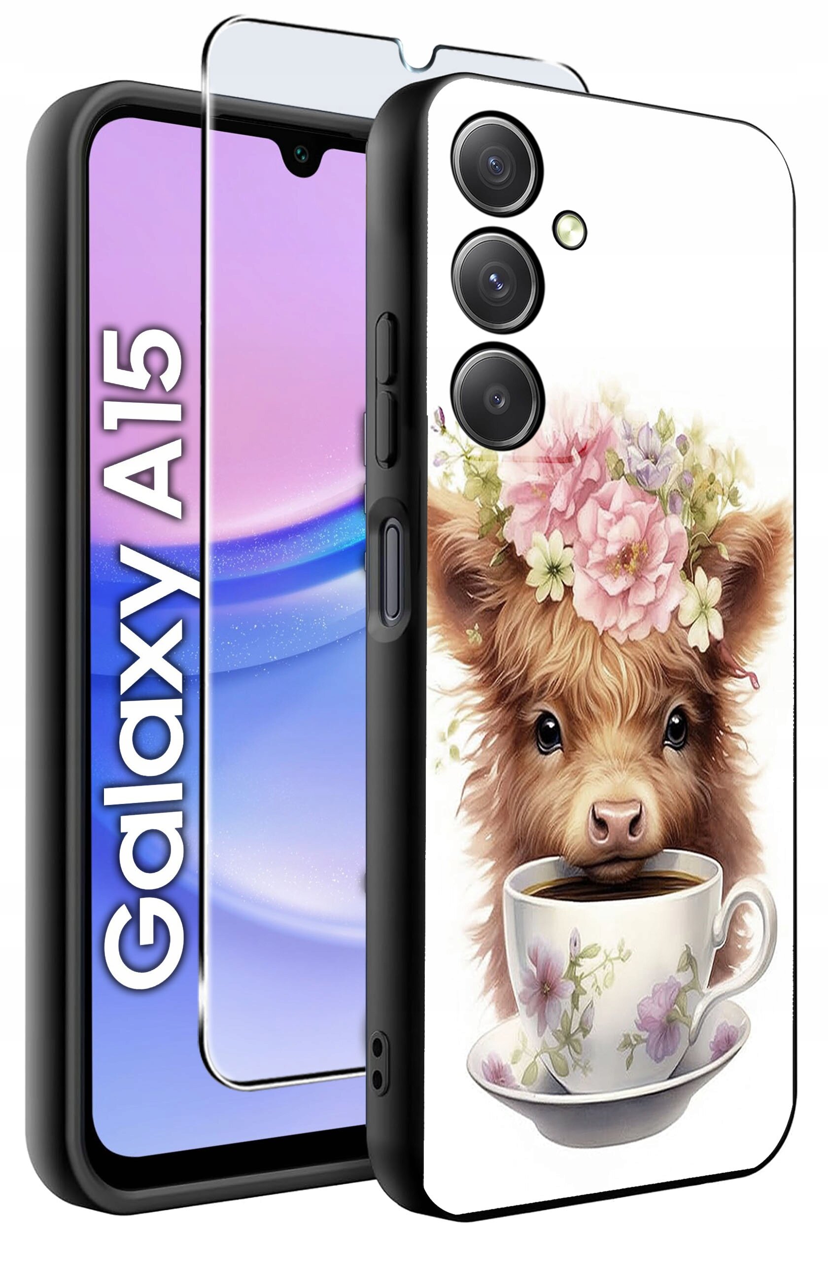 Etui na telefon z nadrukiem przedstawiającym zwierzę z kwiatami na głowie i filiżanką. Obok widoczny jest napis \'Galaxy A15\' oraz szkło ochronne na ekran.