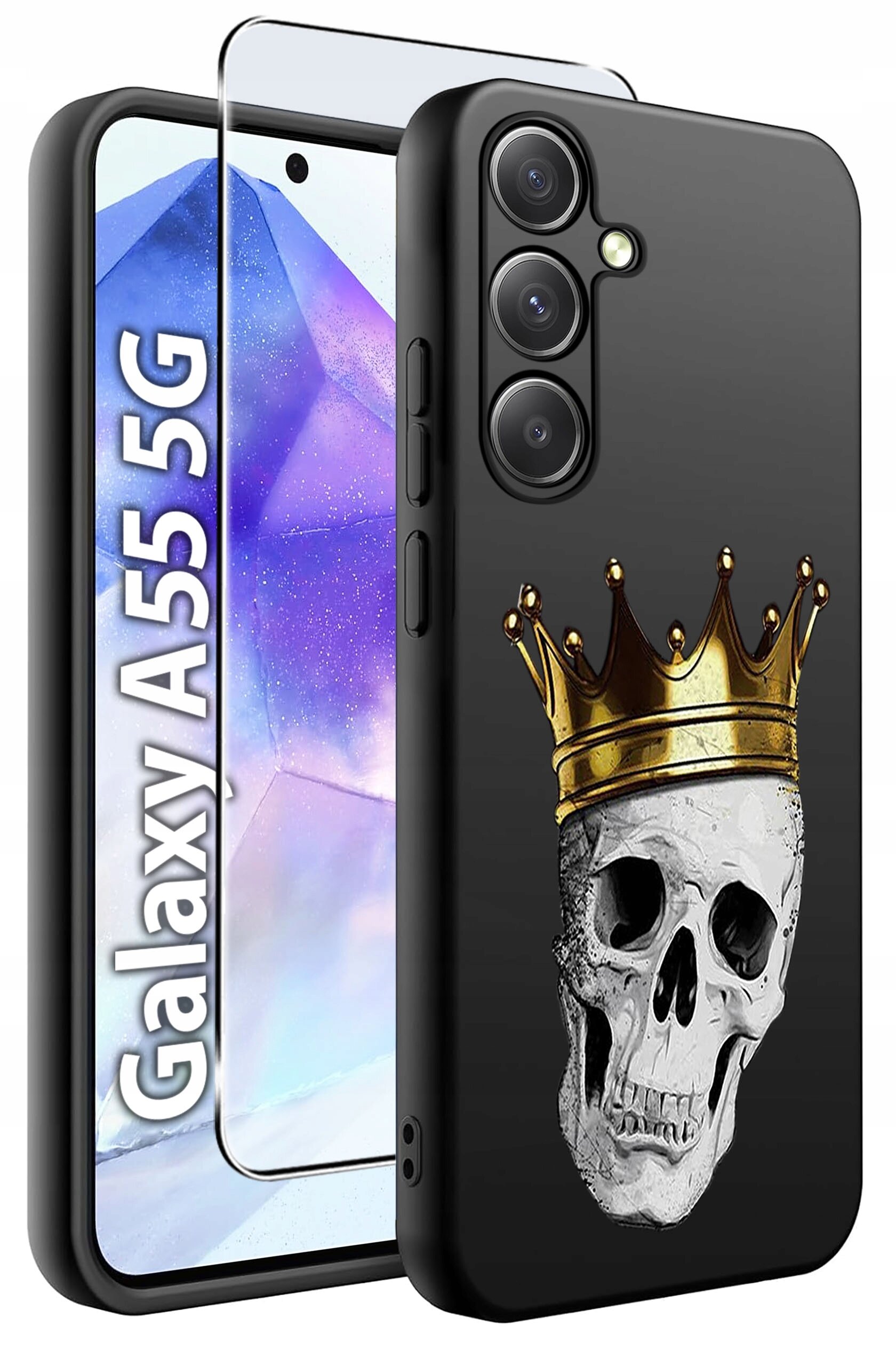 Obraz przedstawia czarne etui na telefon z nadrukiem czaszki w złotej koronie. Obok etui widoczna jest szybka ochronna oraz napis \'Galaxy A55 5G\'.