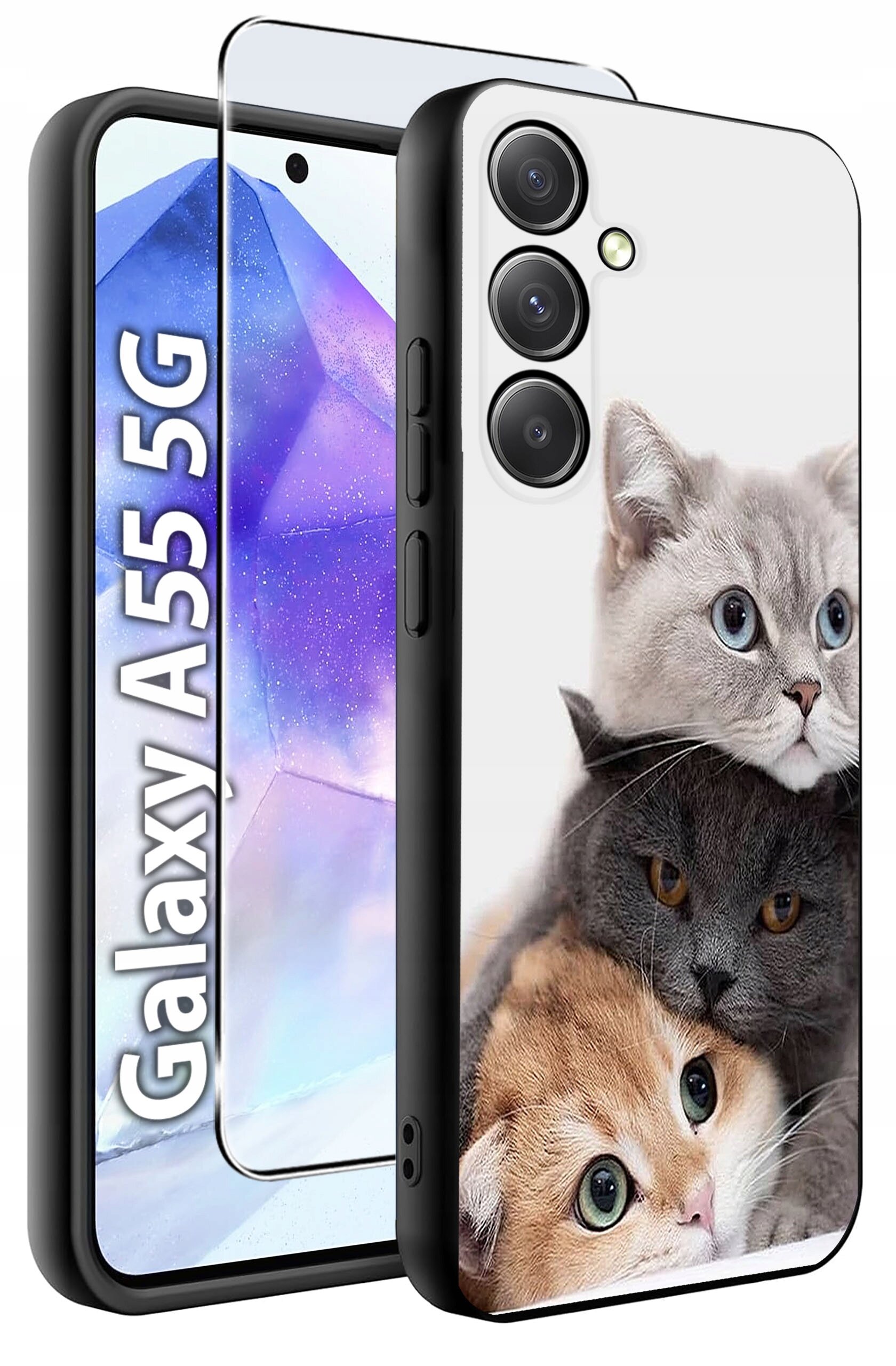 Etui na telefon z nadrukiem trzech kotów oraz szkło hartowane. Widoczny napis: \'Galaxy A55 5G\'.