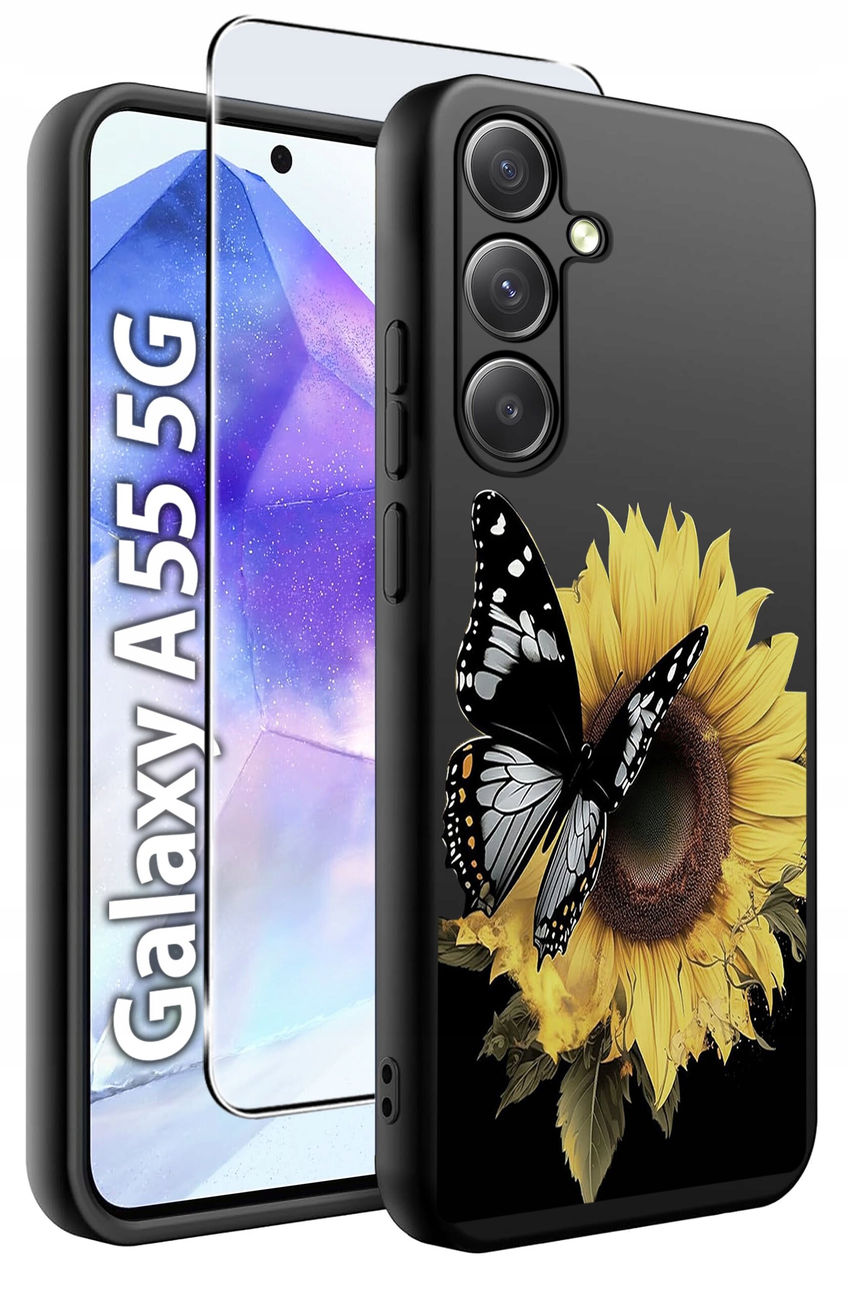 Etui na telefon z motywem słonecznika i motyla, obok widoczna szybka ochronna. Tekst na obrazie: \'Galaxy A55 5G\'.
