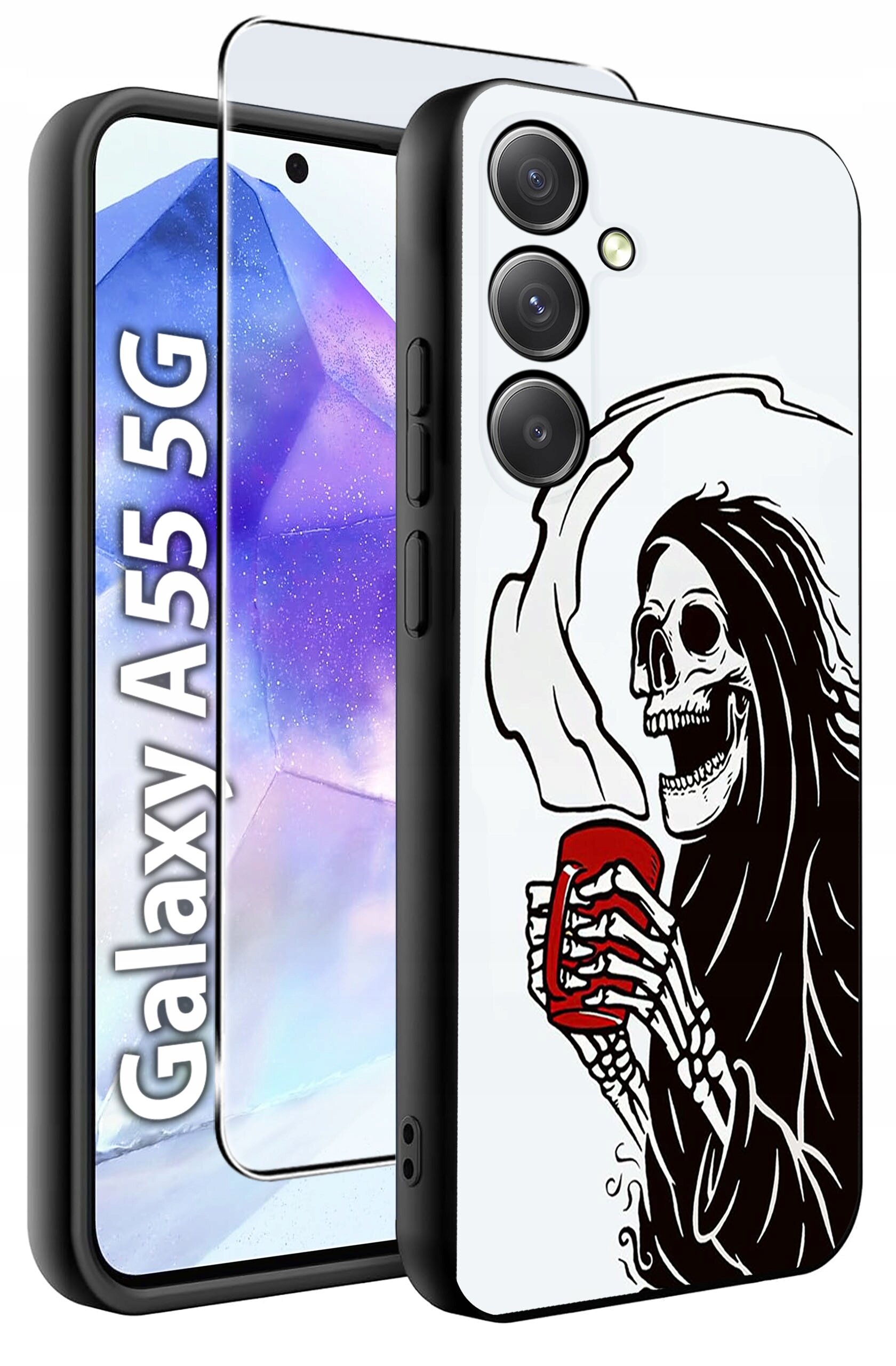 Obraz przedstawia etui na telefon z nadrukiem czaszki trzymającej czerwony kubek oraz szkło hartowane. Obok widoczny jest napis \'Galaxy A55 5G\'.